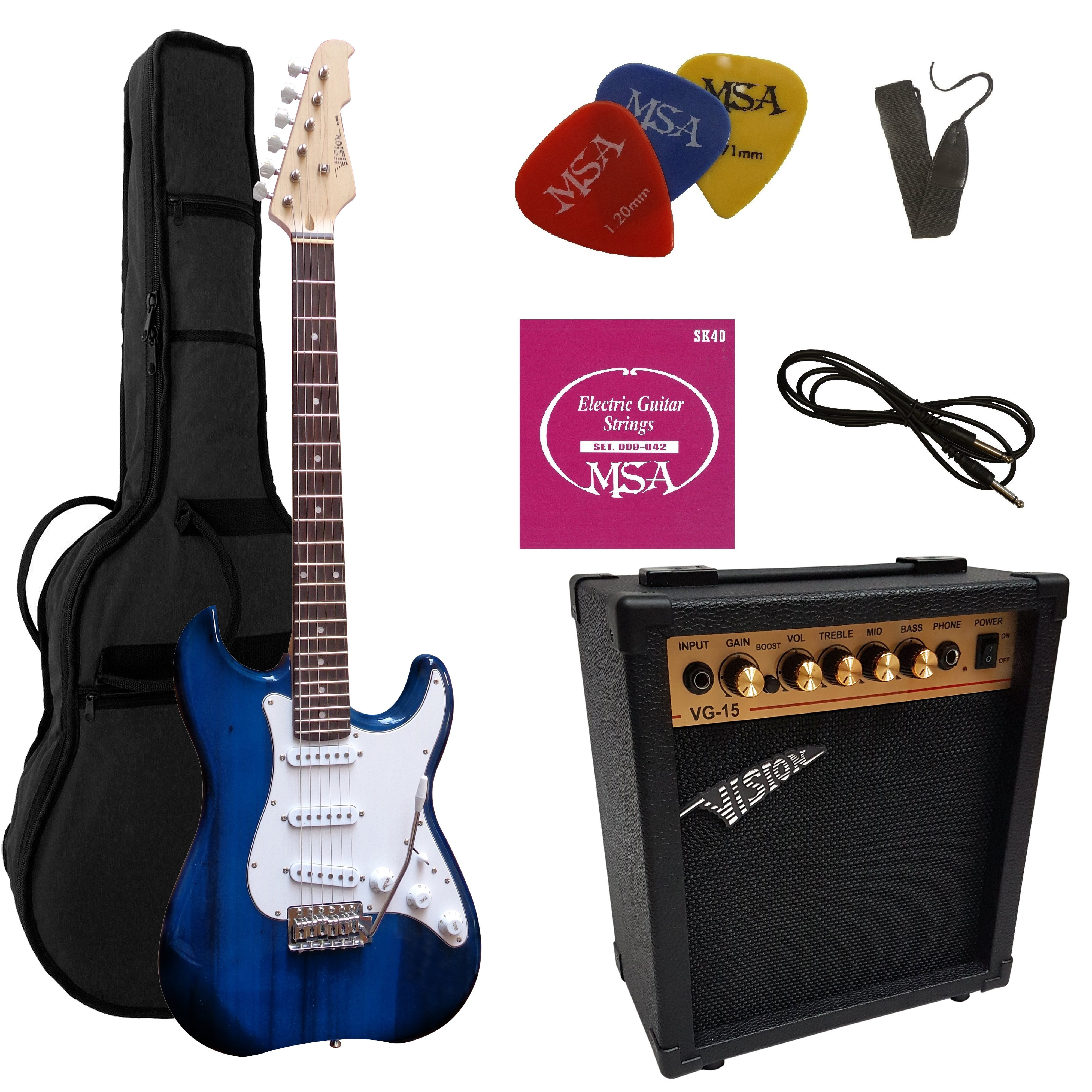 Image of 4/4 Electric Guitar Set, Dark Blue E-guitar, 15 Watt Set With Amplifier, Bag, Strings, Picks