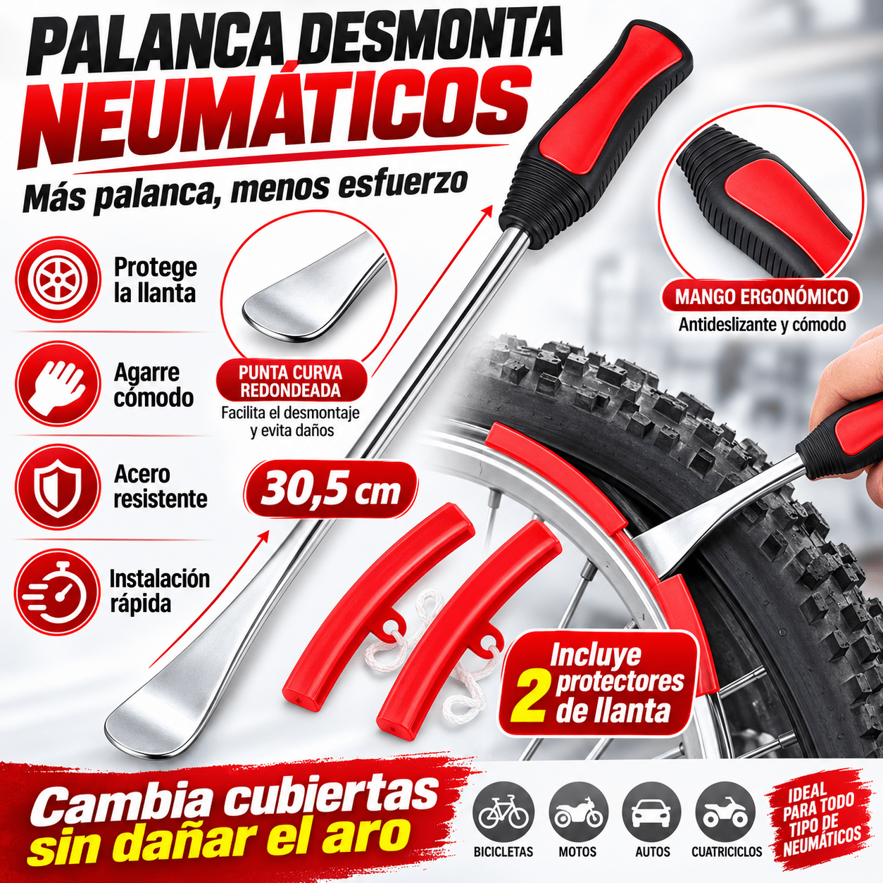 TEMU Palanca Neumáticos 30,5 cm con 2 Protectores de Llanta, Desmontador de Cubiertas de Acero con Mango Antideslizante, Herramienta para Cambiar