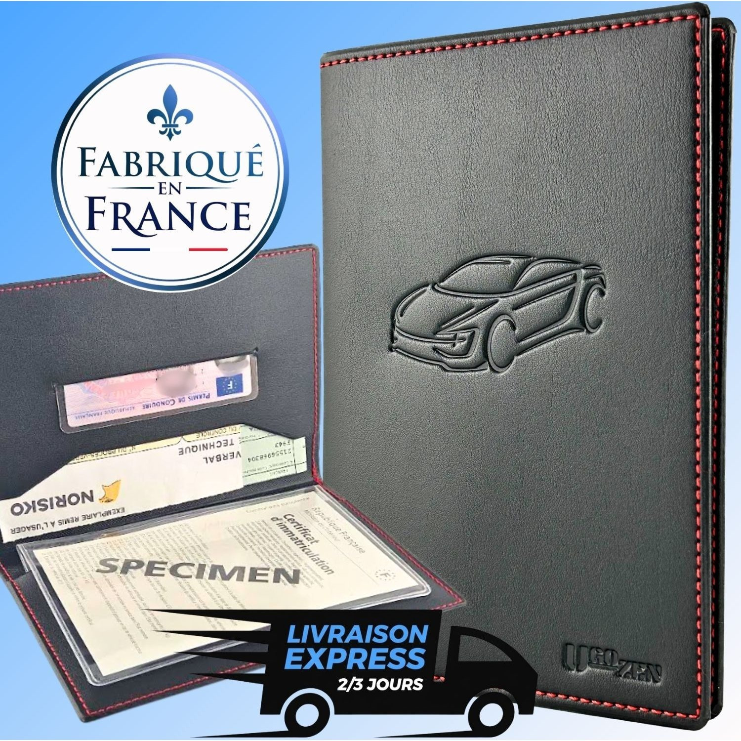 TEMU Pochette carte grise simili cuir noir cousu rouge voiture LUXEO, étui de carte grise