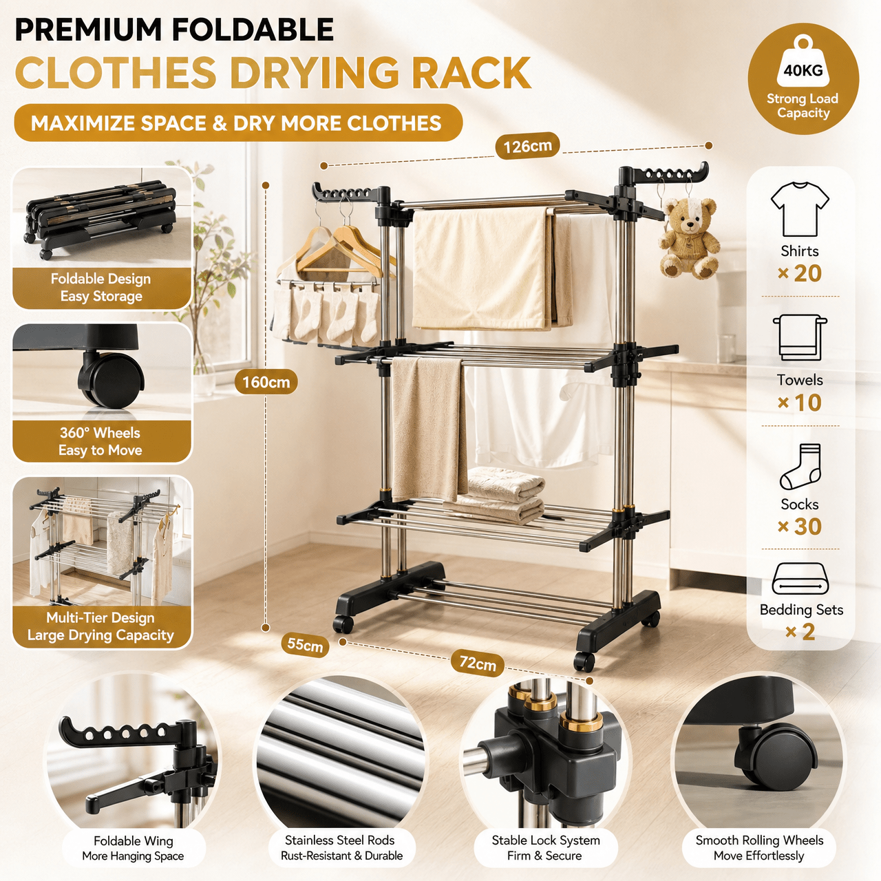 TEMU Étendoir à linge mobile pliable 4 niveaux grande avec roulettes pivotantes à 360°, présentoir à vêtements et porte-pantalons multifonctionnel,