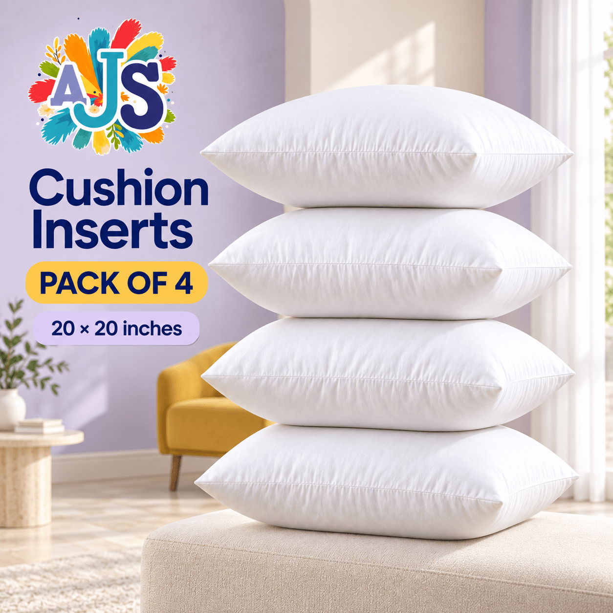 TEMU Ajs Fabrics -large Cushion Inserts 20" X 20" Pack Of 4 – 4pcs Square Inner Fill Pads For Couch, Bed, Armchair & Home Decoration