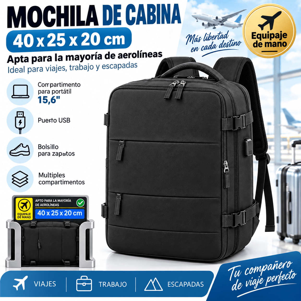 TEMU Mochila de Viaje cm para Cabina Avión, Equipaje de 20L Compartimento Portátil, Zapatos y Bolsillo Impermeable, Mochila Ryanair EasyJet para