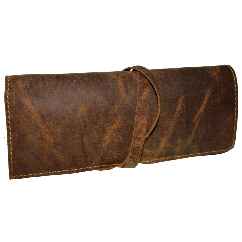 Image of Flevado Vintage Bag Organizer Cosmetic Bag Foldable Full Leather Pencil Case Office Leather Folder (brown) T-521