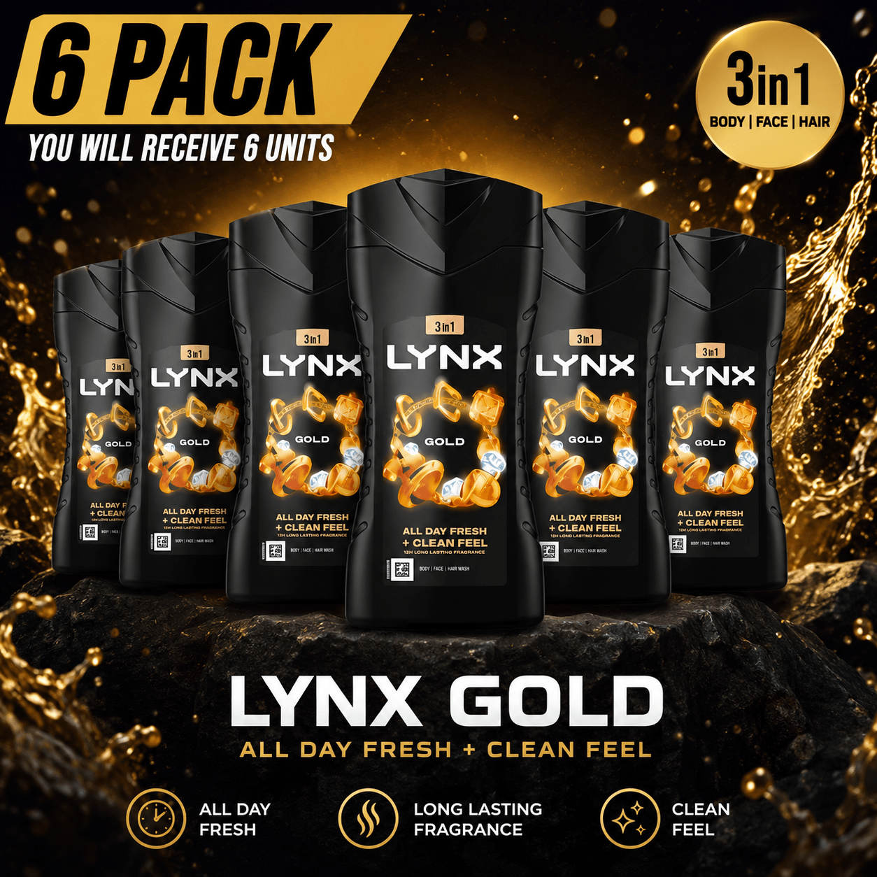 TEMU Lynx Gold Shower Gel 225ml - Pack Of 6