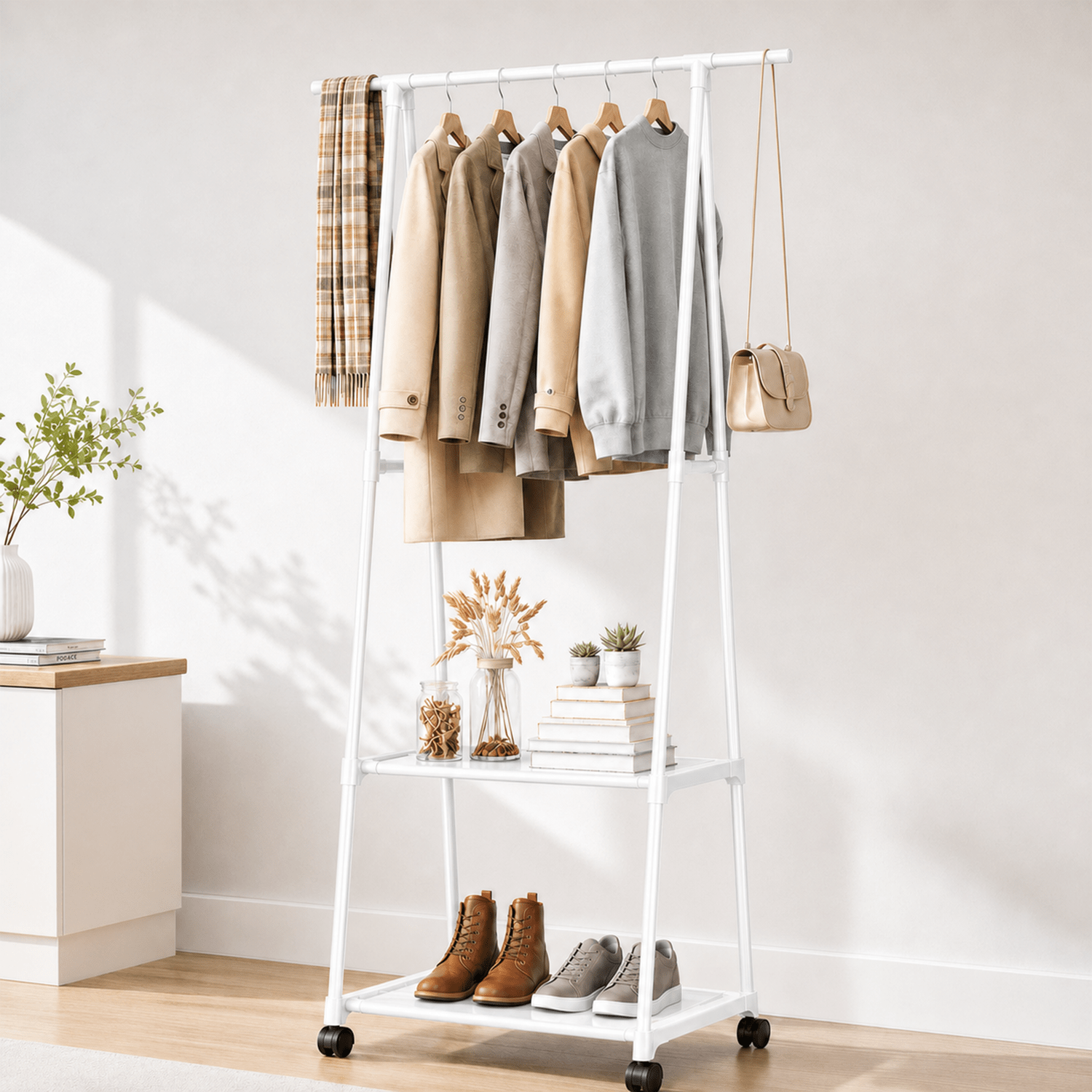 TEMU Perchero de Ropa de Pie Metálico con Ruedas, 2 Niveles de Almacenamiento, Estructura y , Fácil de , Ideal para Dormitorios, Salas de Estar y