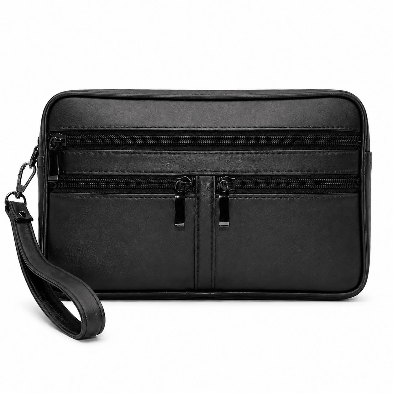 Image of Men's Genuine Leather Wristlet Bag In Black - Handbag With Wrist Strap - Exclusive Sotala Brand - 5 Zippered Compartments - Organizer For Travel And Documents - Luxury Design