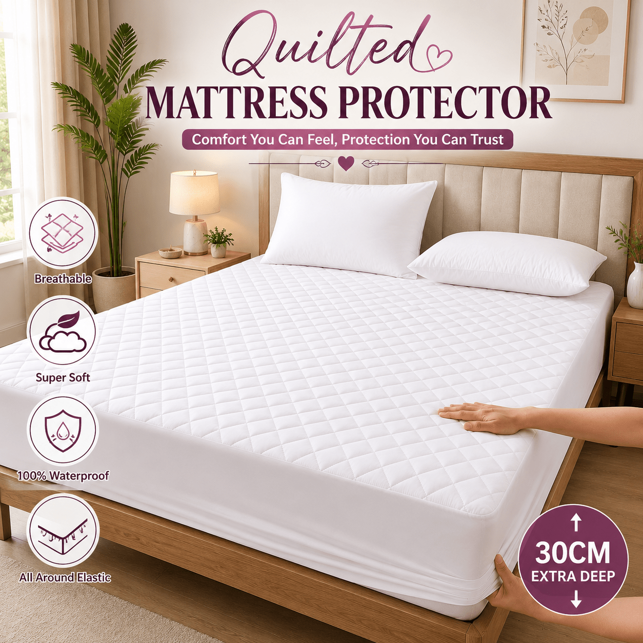 TEMU 1pc Quilted Mattress Protector, Extra Deep Fitted Bed Sheet Cover, Anti-allergy Soft Breathable Microfiber Noiseless All Season