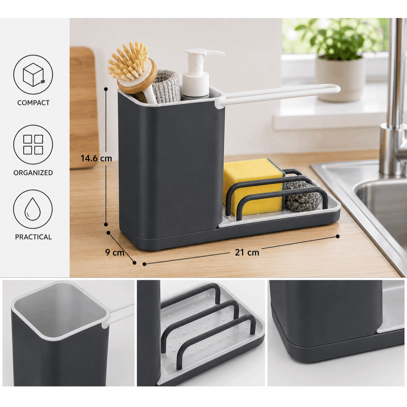 Image of Multifunctional Sink Organizer With Drain Rack - Compact Storage For Sponge And Kitchen Accessories - Anthracite Grey