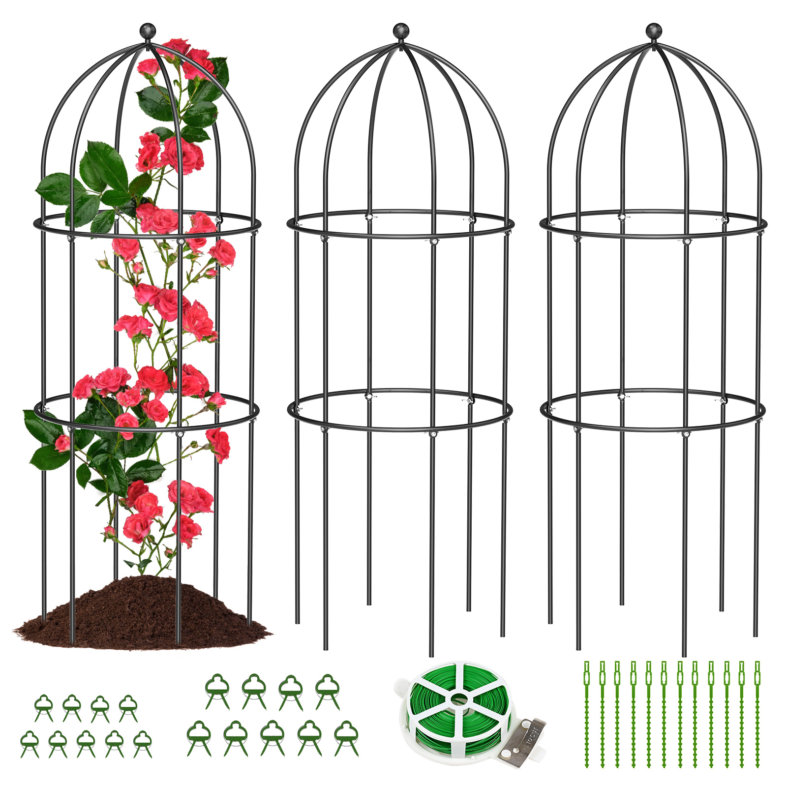 Image of Metal Trellis Garden Obelisk Pack Of 3, Climbing Plant Cages For Flowers, Tomatoes, Roses, Metal Patio Garden Arch Decoration