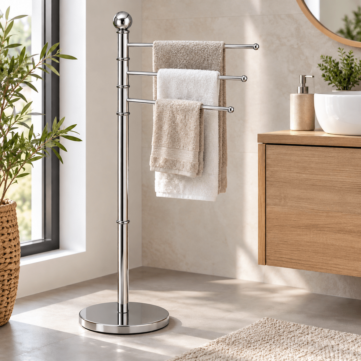 TEMU MA MAISON Porta Asciugamani da Terra 3 Bracci, Piantana in Metallo e Plastica con Base �22x90h cm