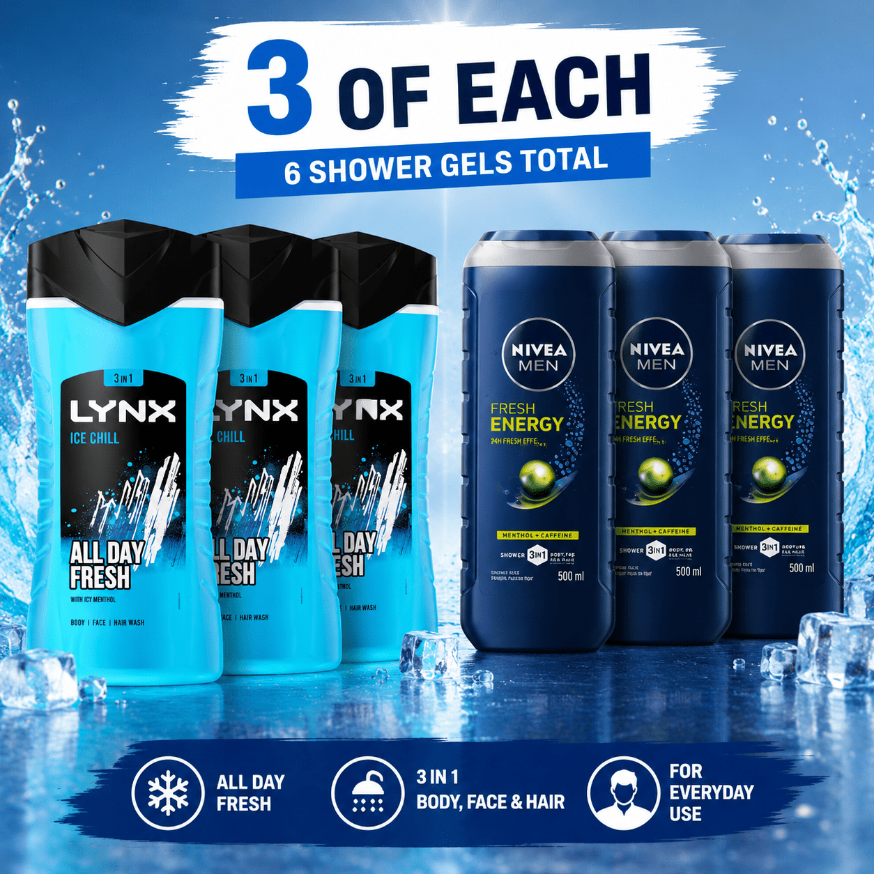 TEMU 6 Pack Men’s Shower Gel Bundle – 3 X Lynx + 3 X Men 500ml