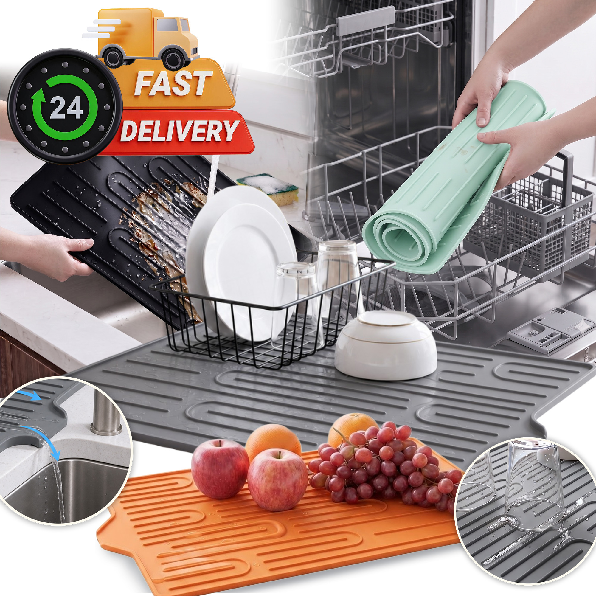 Image of Silicone Mat For Sink And Countertop, Anti-slip Dish Drainer With Drainage, Extra-large Drying Mat 60 × 39 Cm, Heat Resistant Up To 190 °c, 1pc