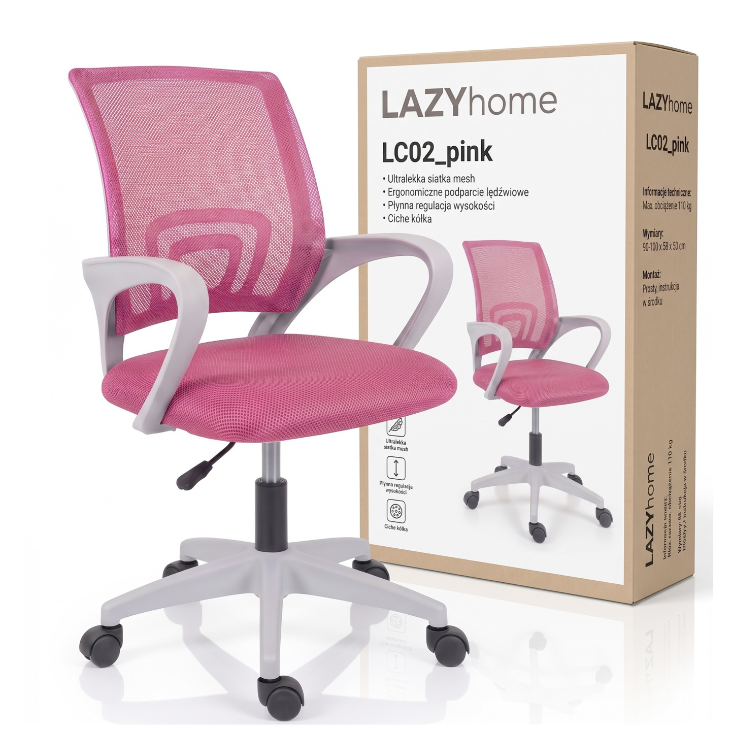 TEMU Pink Swivel Kids' Desk Chair, Ergonomic Computer Chair For Girls On Wheels, Adjustable Height 35-, Breathable Mesh, Contoured Backrest, Lumbar