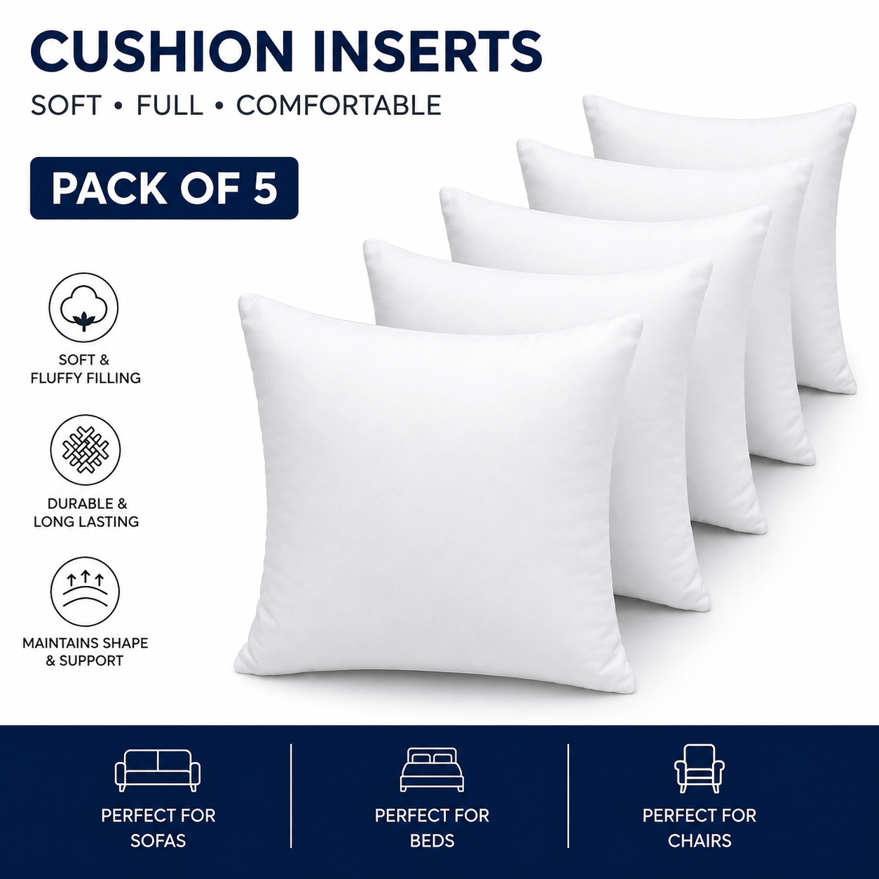 TEMU Lakhmaali Cushion Inserts Pack Of 3 / Pack Of 5 | Soft Hollow Fibre Filled | Square Decorative Cushions For Sofa, Bed, Chair | Sizes 16x16,