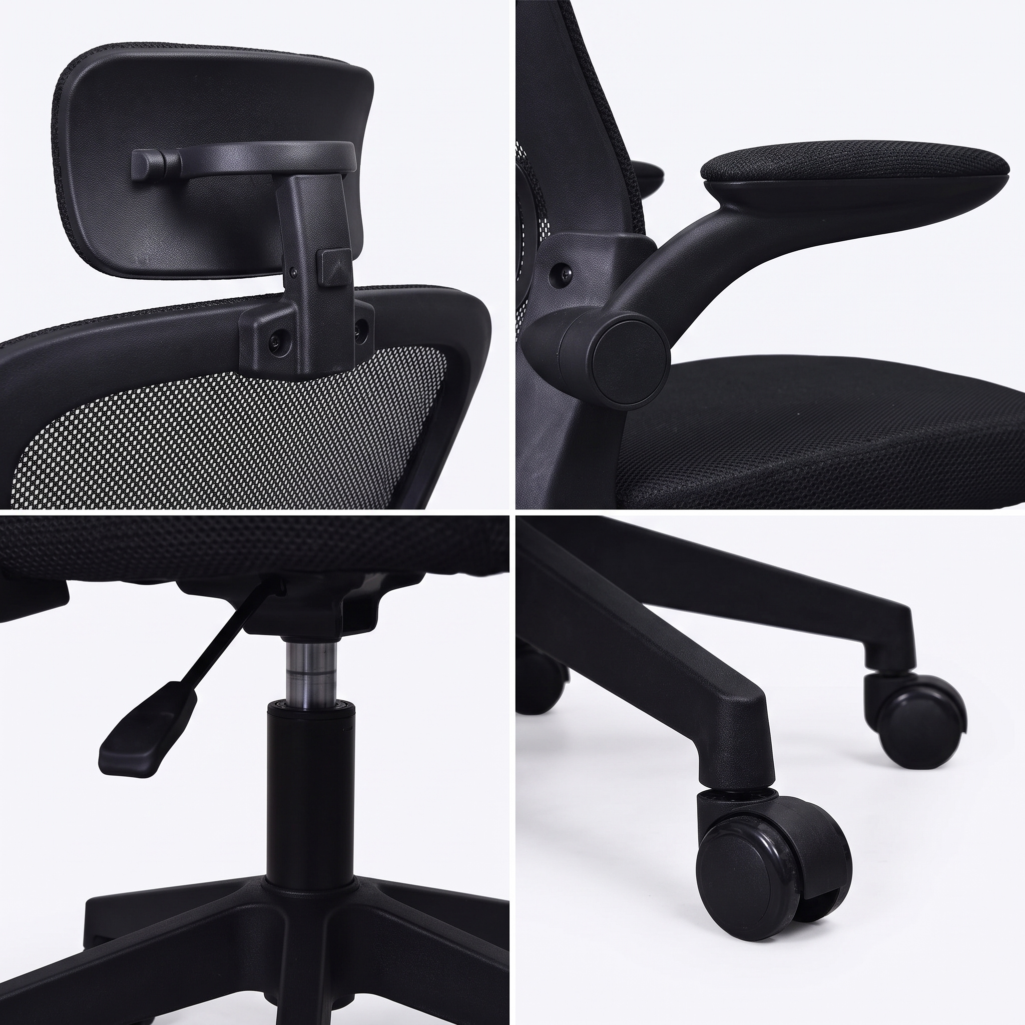 fotel biurowy ergonomiczny krzesło obrotowe gamingowe czarne z oddychającą siatką mesh, regulowanym zagłówkiem, miękkim wygodnym siedziskiem, podnoszonymi podłokietnikami, regulacją wysokości, stabilną podstawą 5-ramienną i kółkami, nowoczesny fotel do biurka komputerowego do biura, domu, gabinetu i pokoju młodzieżowego, komfortowy do wielogodzinnej pracy i nauki