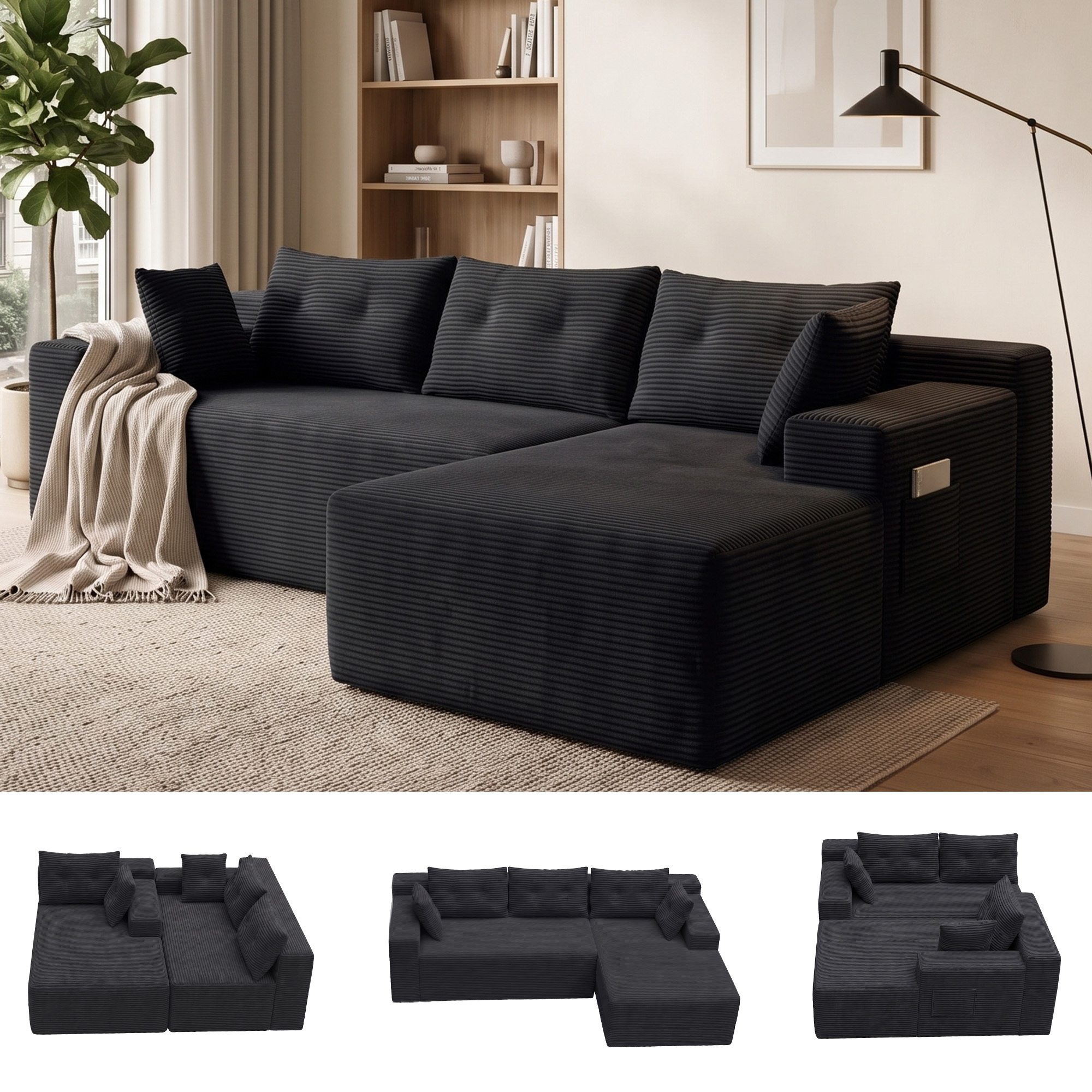 With Wide Armrests, L-shaped Couch With Deep Seating Area, Cord Fabric Cover, High-density Foam, For The Living Room, Bedroom, And Small .