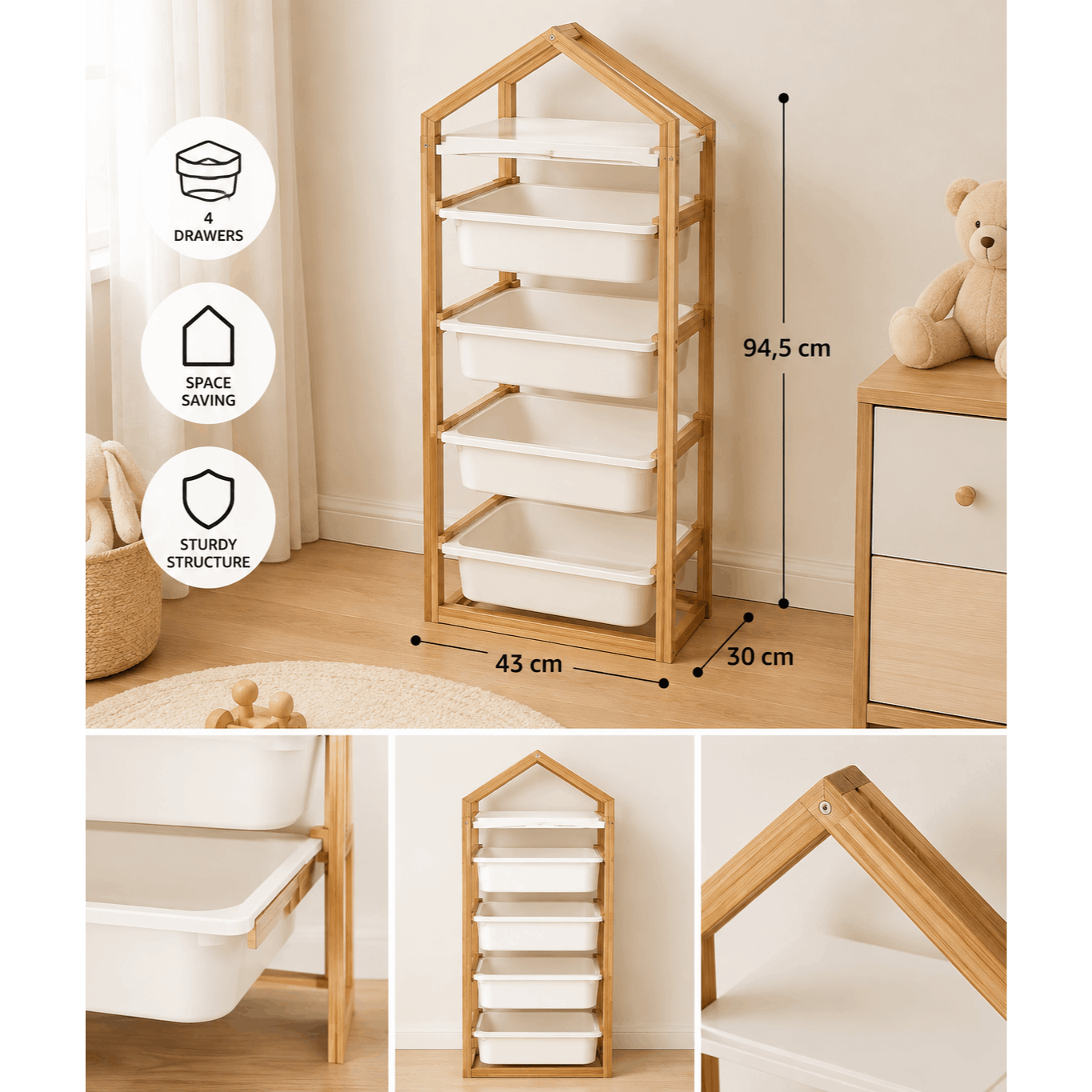 Vertical Storage Sliding Baskets - Pine Structure - 43 X 30 X 94.5 Cm - White And Wood