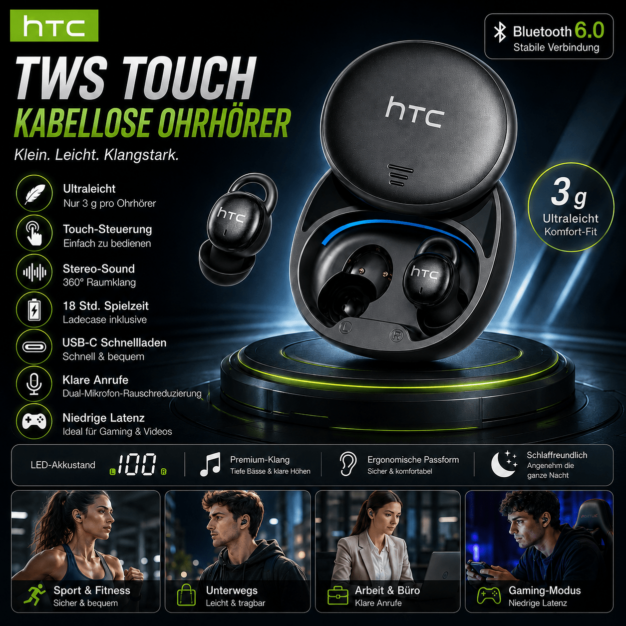 Image of Htc Ne97 3g Sleep-friendly Tws Earbuds Bluetooth 6.0 In-ear Headphones, Low Latency Gaming Mode, Surround Sound, Hd Dual-mic Calls, 18h Playtime, Type-c Fast Charging Touch Control Earphones