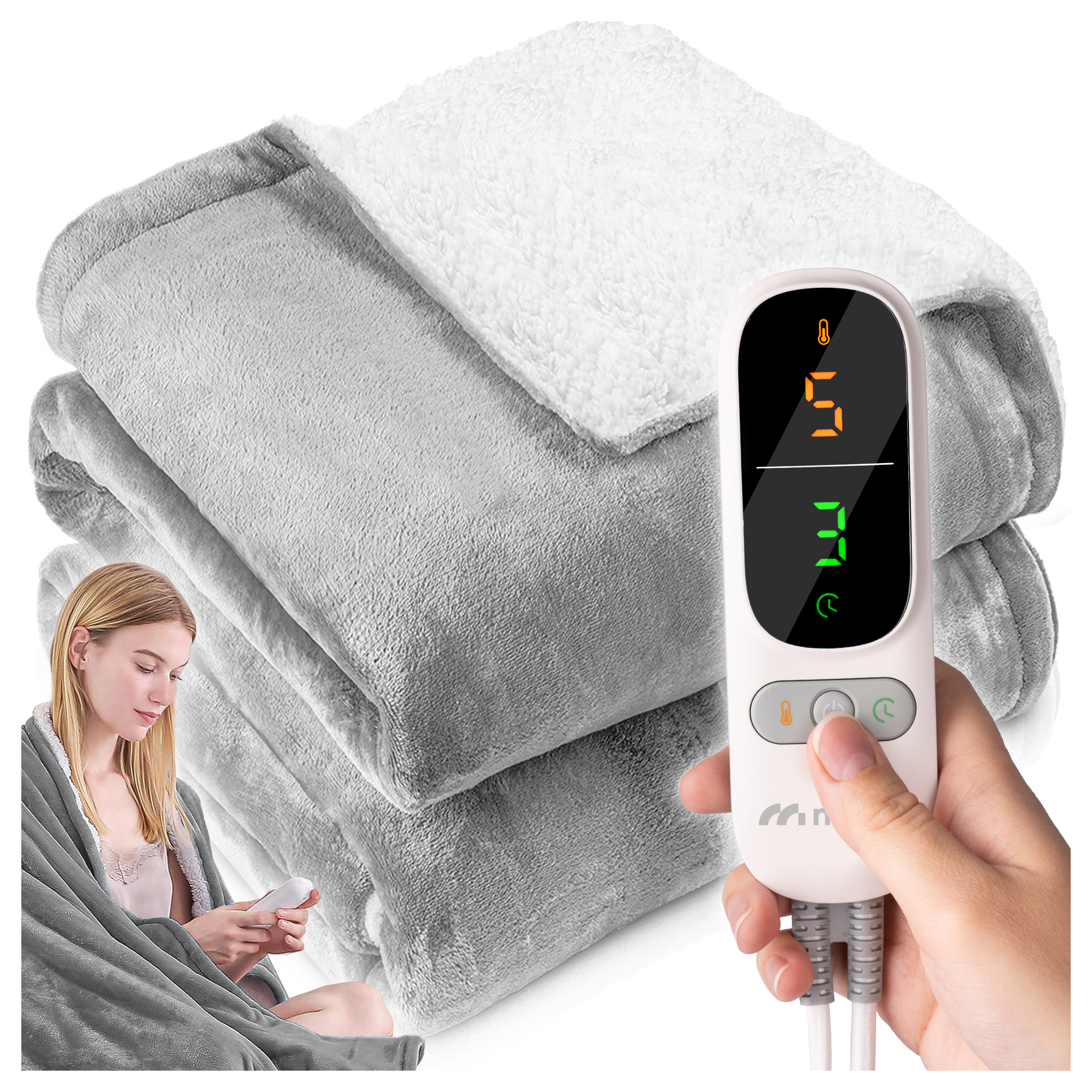 TEMU Large Electric Blanket 180x160cm Double Person Heated Mattress Soft Timer Pilot Maltec 160w Grey