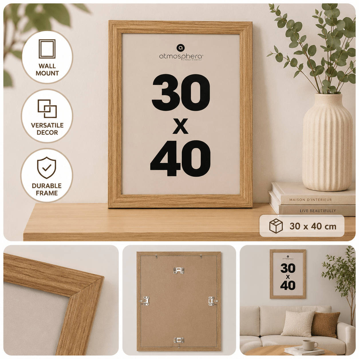 30 X 40 Cm Oak Effect Photo Frame - Rectangular Wall Frame With Glass - Living Room, Bedroom, Office Decoration - Brown