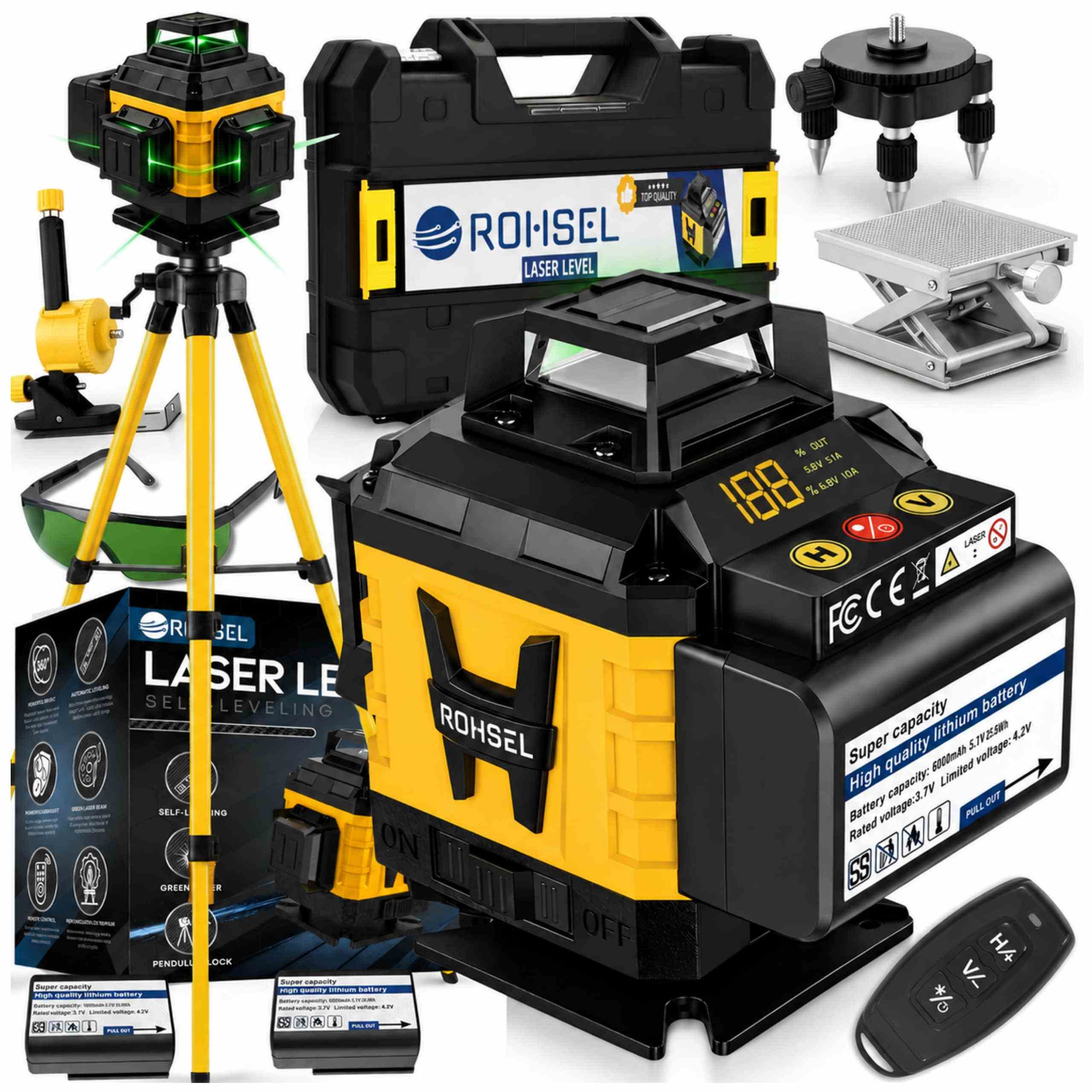 TEMU Laser Level 4d 16 Lines 360° Green Cross Line Laser ±3° Accuracy ±0.2mm/10m Range 45m Remote Control Telescopic Tripod Tripod 2x Battery Charger