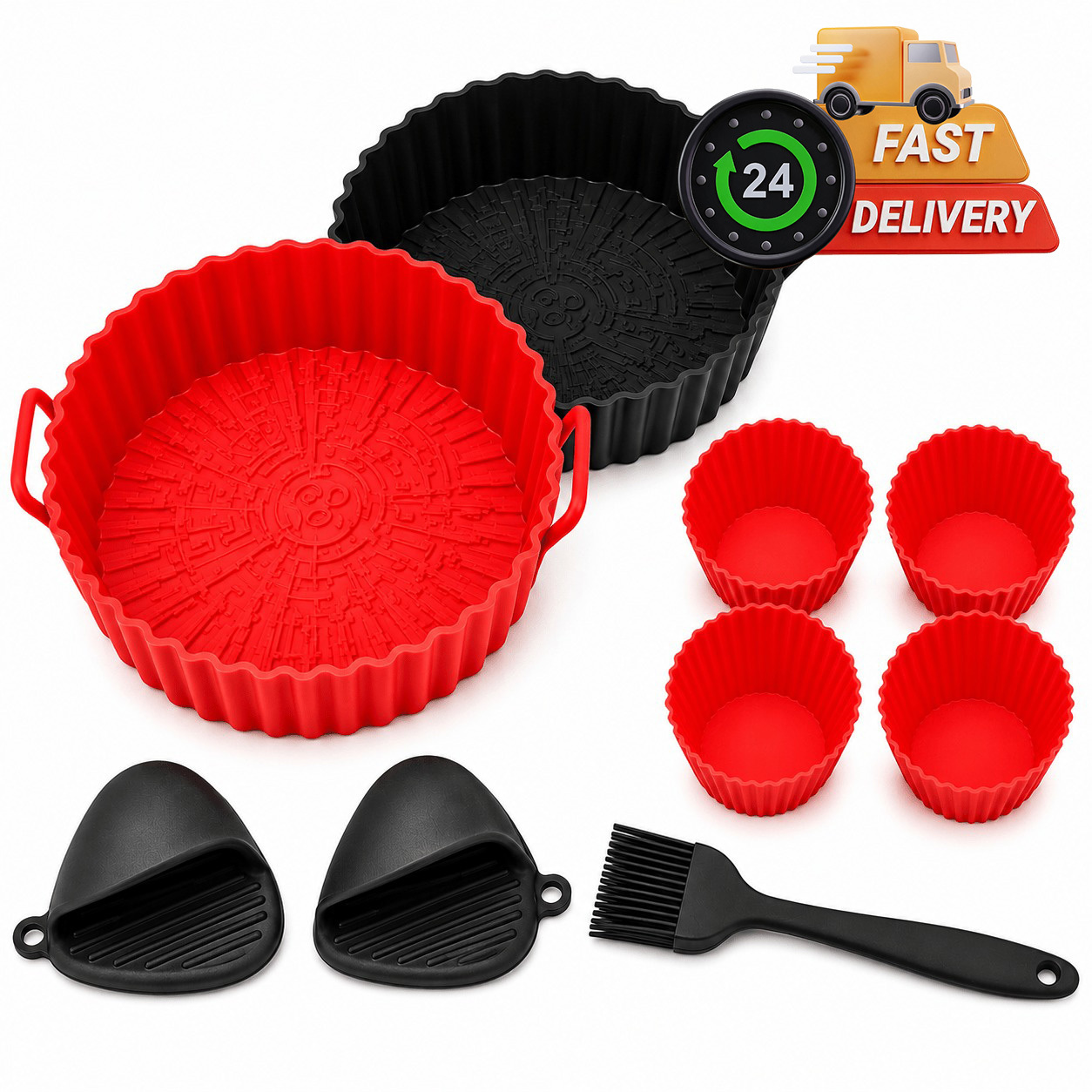 Image of Set Of 9 Air Fryer Accessories Silicone – 2 Round Baskets + 4 Muffin Molds + + Brush | Bpa-free | Up To 230°c | Dishwasher Safe | Compatible With All Air Fryers