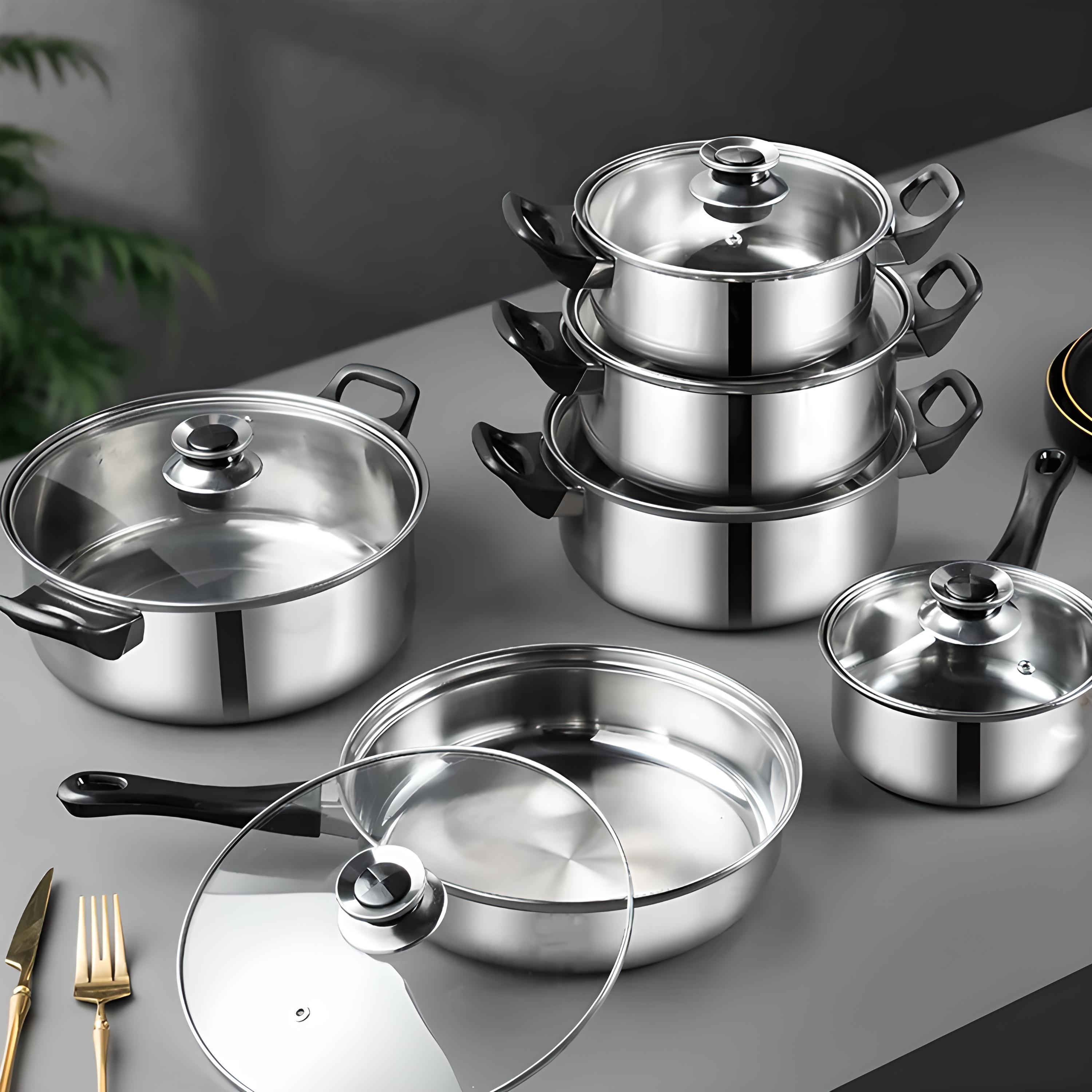 TEMU BATERÍA DE COCINA ACERO INOXIDABLE 12 PIEZAS, JUEGO DE OLLAS ACERO INOXIDABLE CON SARTÉN, SET DE OLLAS Y SARTENES PARA COCINA, 6 OLLAS CON 6