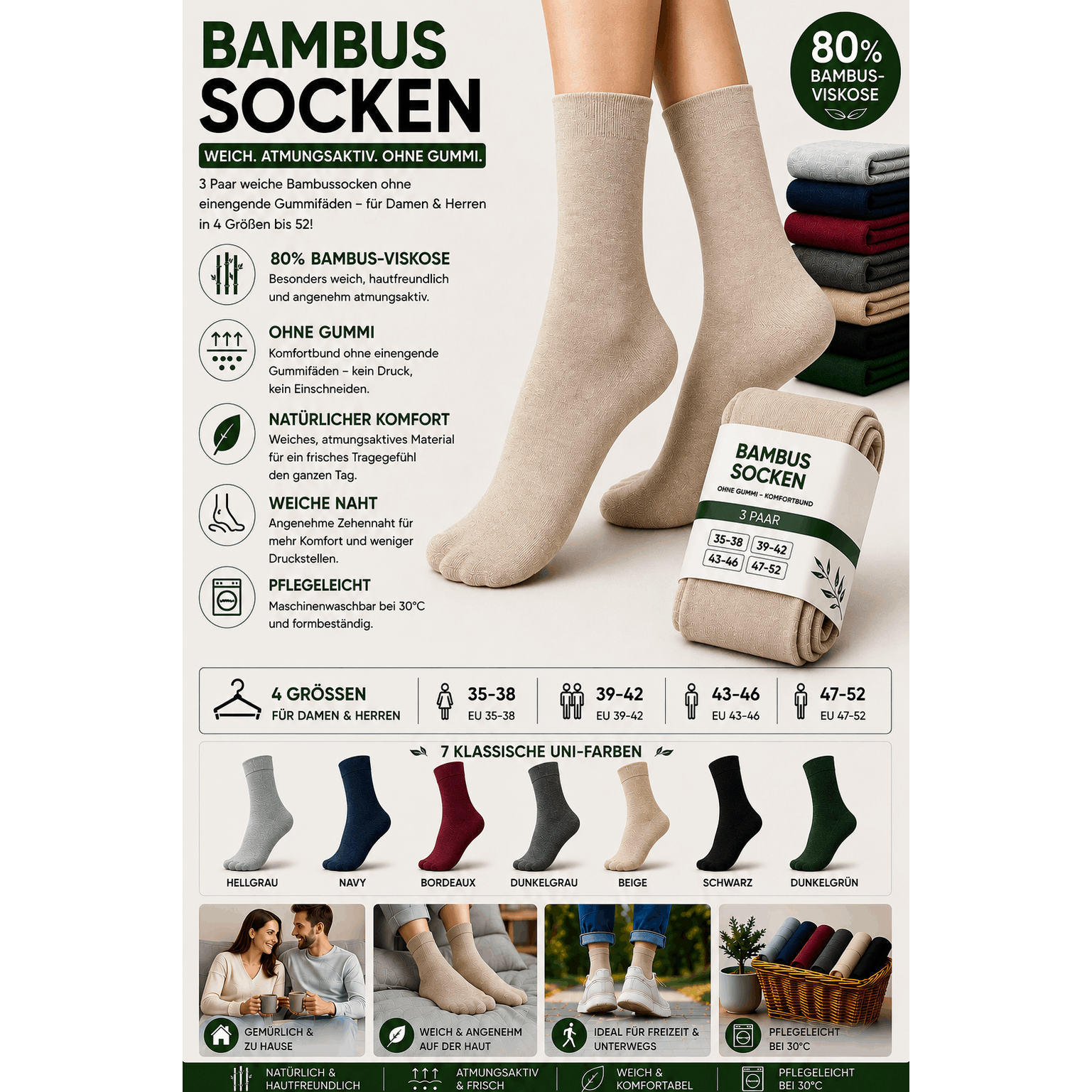 Image of Bamboo Socks For Women And Men 80% Bamboo - 3 Pairs Of Socks Without Rubber Pressure, Cuff, Breathable & Soft, Unisex Everyday Socks, Sizes 35-52