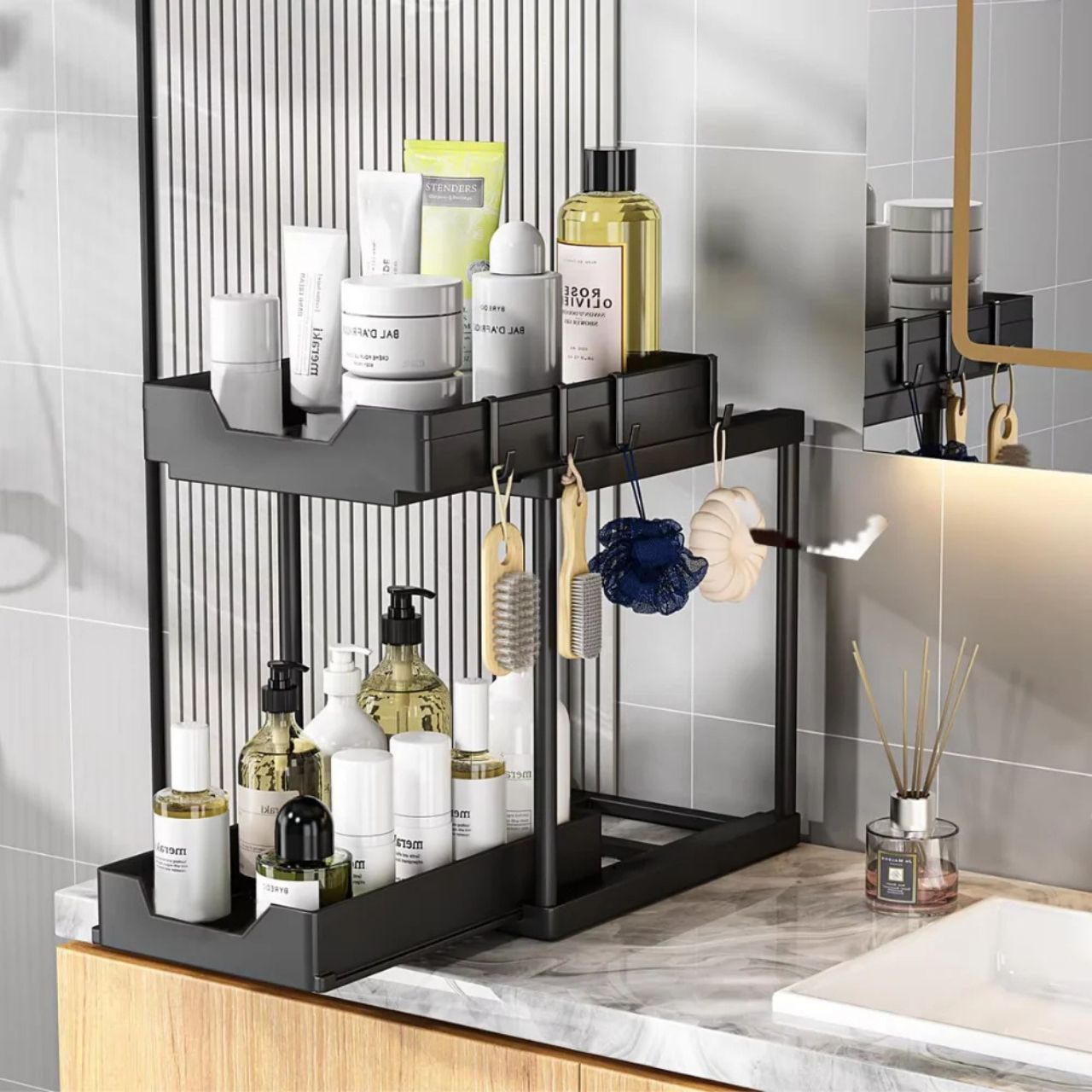 TEMU Under Sink Organizer, 2-tier Extractable Storage Shelf With Hooks, Support For Kitchen, Cabinet, Bathroom, For Bottles And Cleaning Supplies