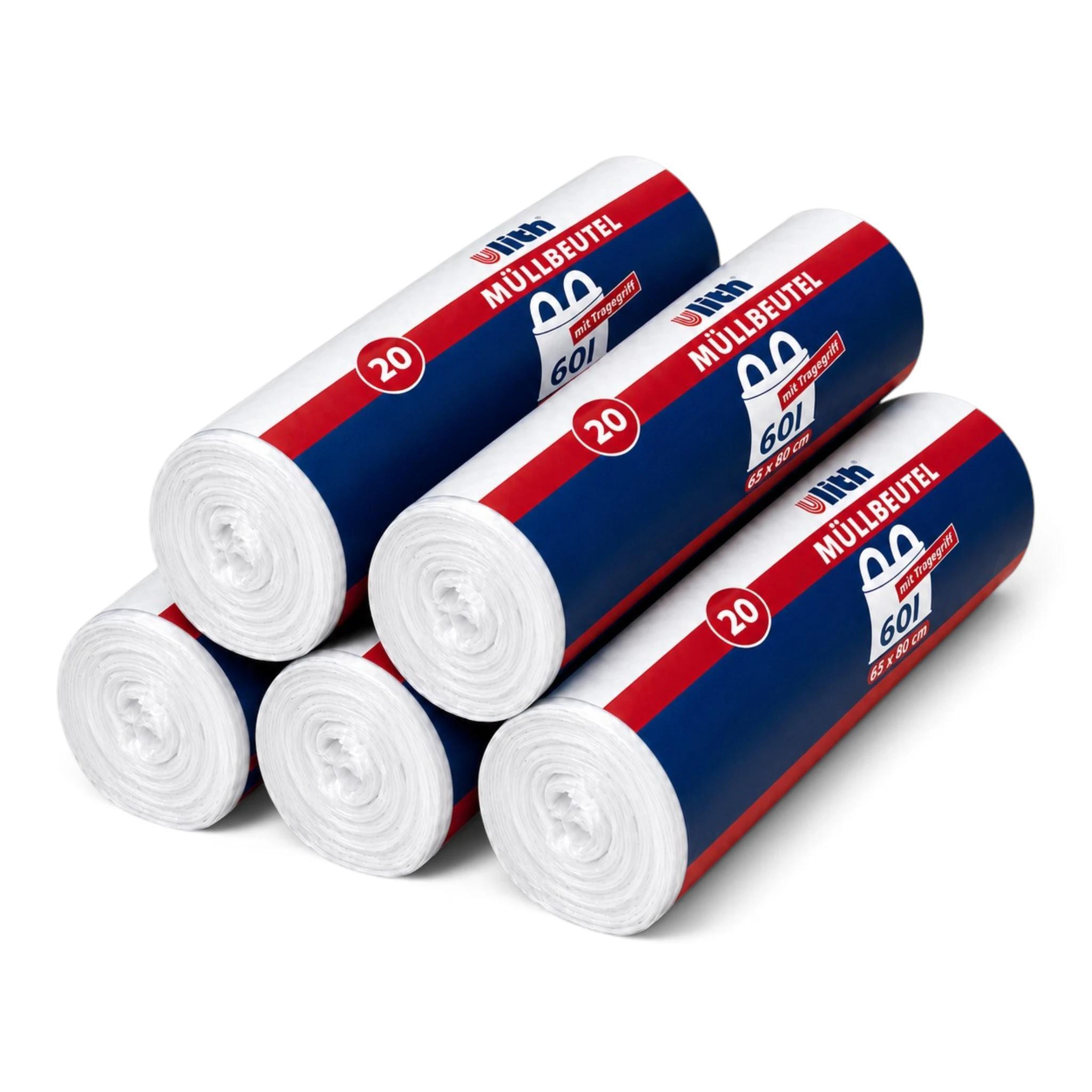 5 Rolls / 100 Garbage Bags With Handles, 60 , 20 Bags Per Roll, Tear-resistant & Leak-proof, Product & Packaging, Trash Bags