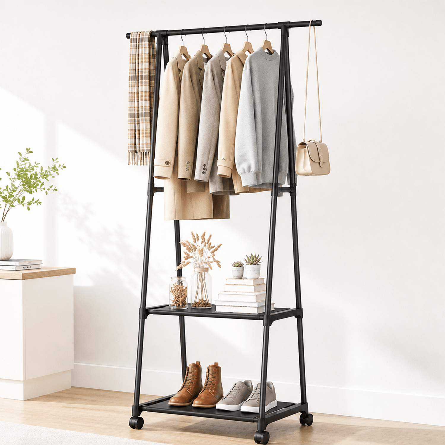 TEMU Perchero de Ropa de Pie Metálico con Ruedas, 2 Niveles de Almacenamiento, Estructura y , Fácil de , Ideal para Dormitorios, Salas de Estar y