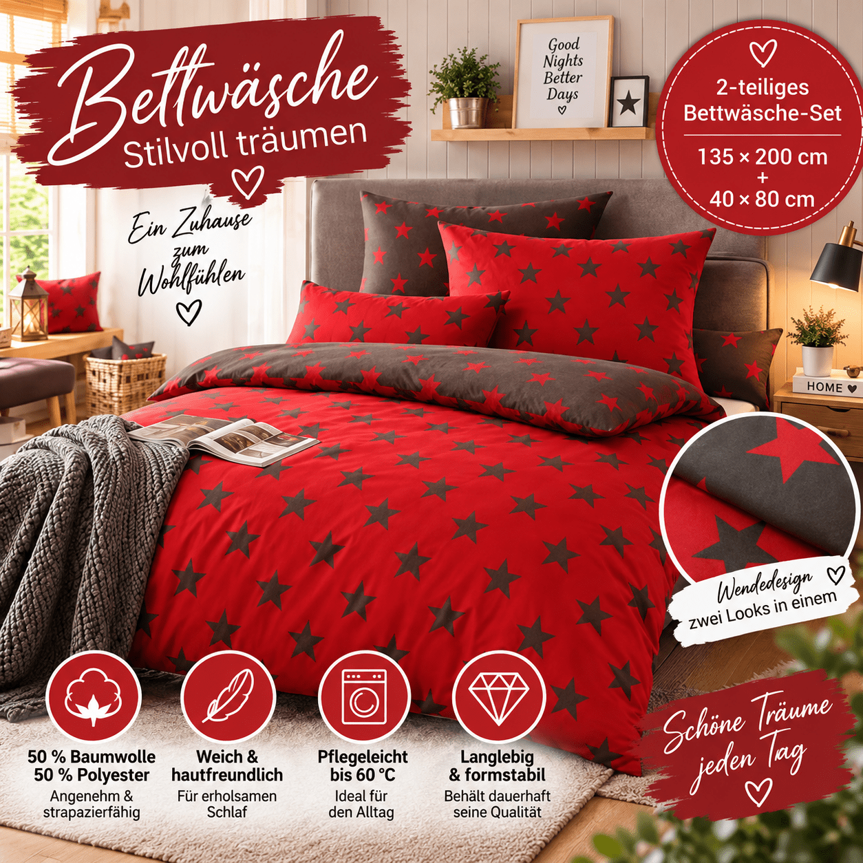 Image of Bed Linen Stars 135x200 Cm - 2pcs Set Made Of 50% & 50% Polyester With Pillowcase 40x80 Cm - Reversible Bed Linen