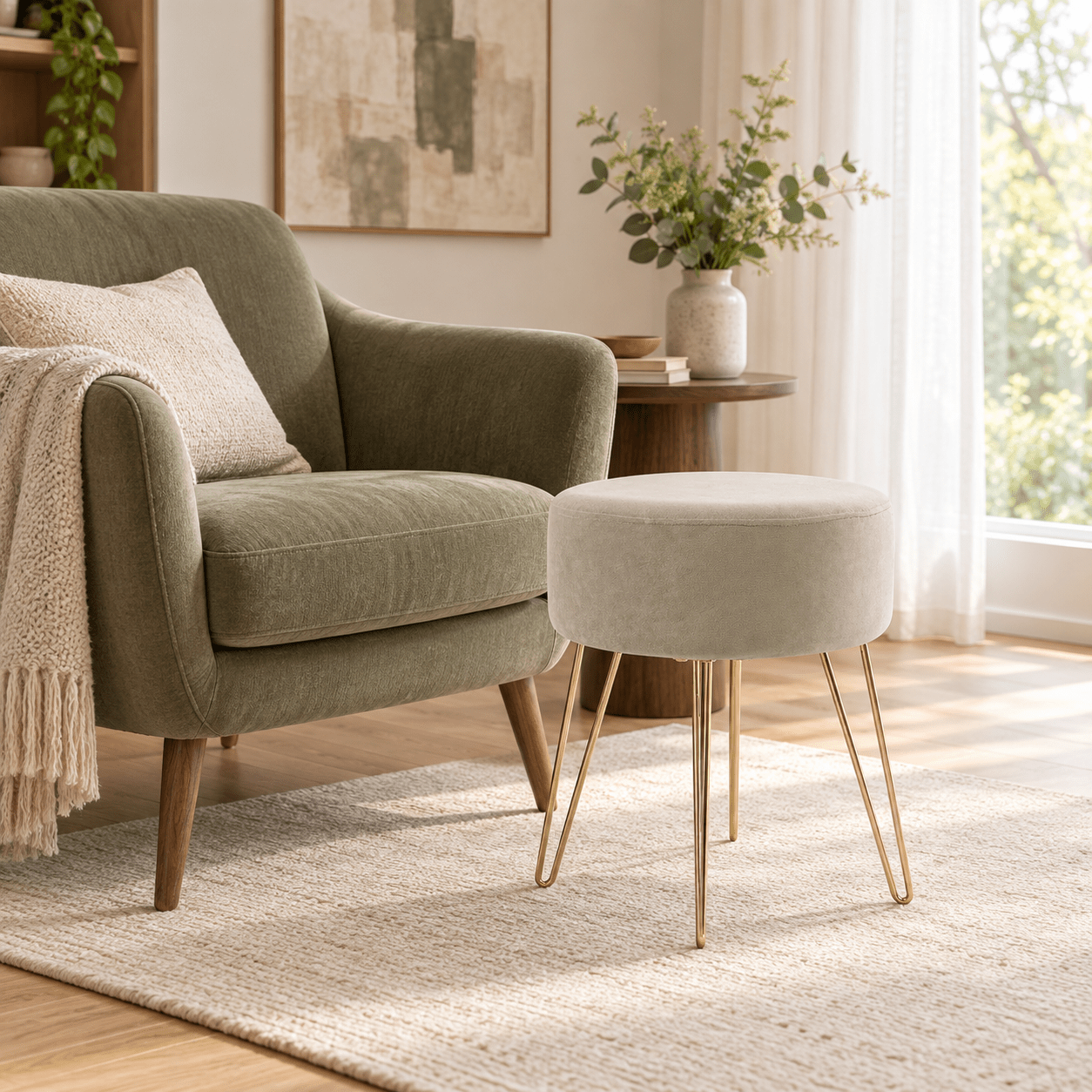 Image of Round Velvet-upholstered Stool, Ø 37 Cm, Height – Softly Padded, Gold-colored Metal Legs, 3 Colors : Gray, Beige, Or Green