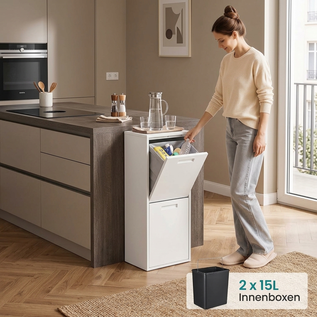 Image of Kitchen Trash Can, 2 X 17 L Or 4 X 17 L Waste System, Waste Sorting Cabinet, Kitchen Waste Bin, Steel, White