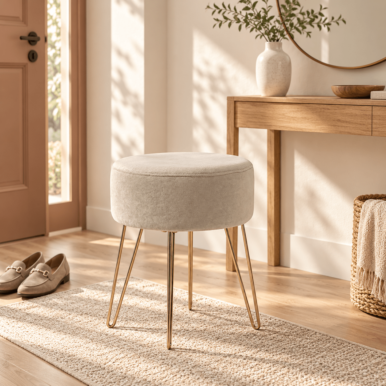 Image of Padded Makeup Stool, Ø 37 Cm, Height – Velvet Cover And Gold-colored Metal Legs, In 3 Colors: Gray, Beige, Or Green