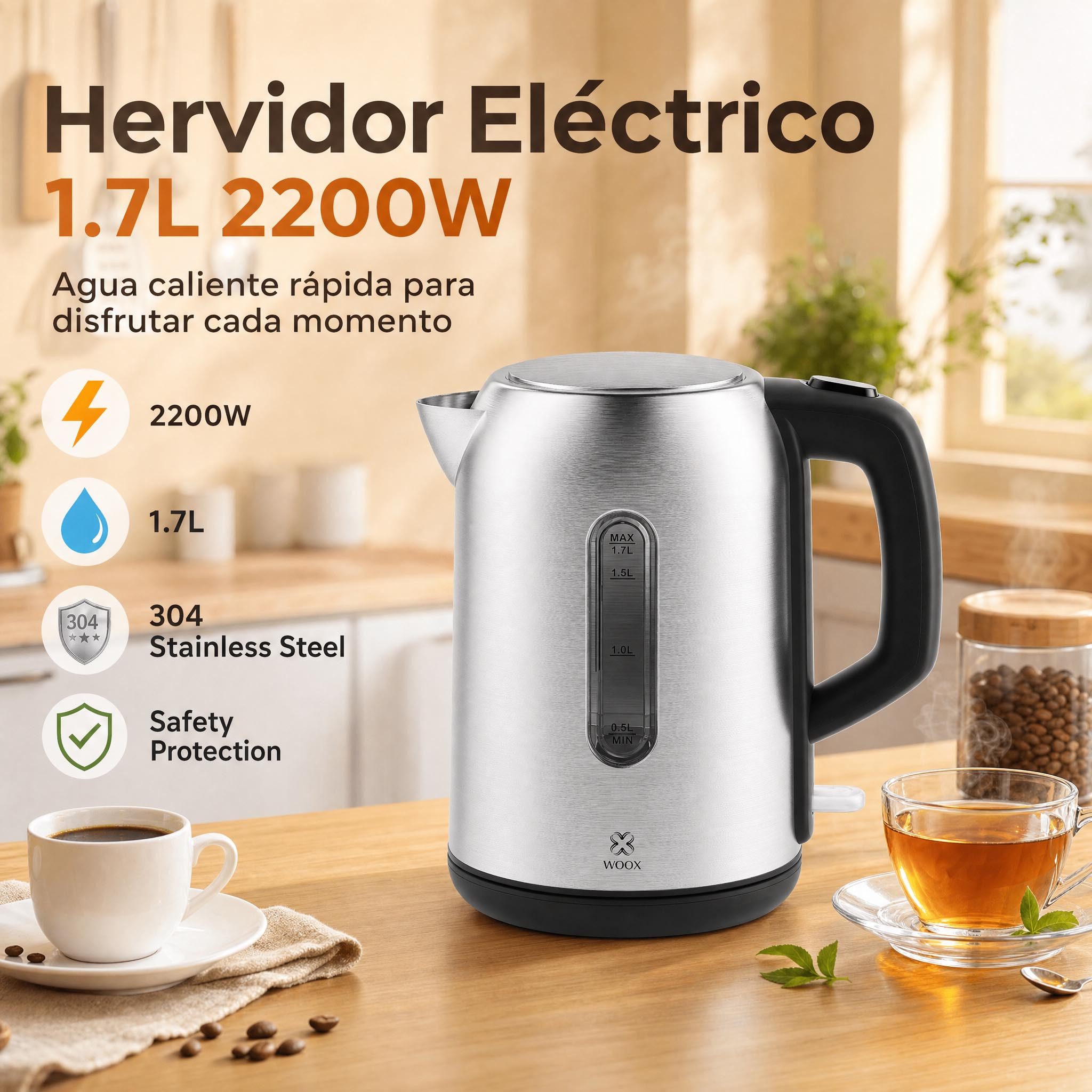TEMU WOOX Hervidor Eléctrico de 1.7L, 2200W, Acero Inoxidable con Protección contra Ebullición y Apagado Automático al Hervir, Indicador de Agua ,
