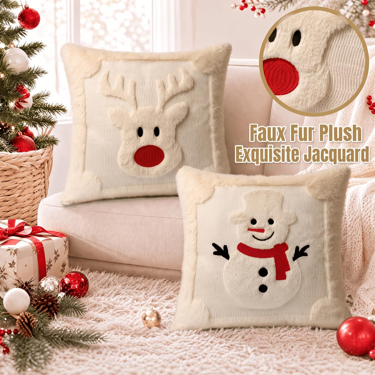 TEMU 2 Pack Plush Christmas Reindeer & Snowman Pillow Covers - Soft Cushion Cases Suitable For Sofa Bed Couch, Rustic Farmhouse Xmas Decor With 3d