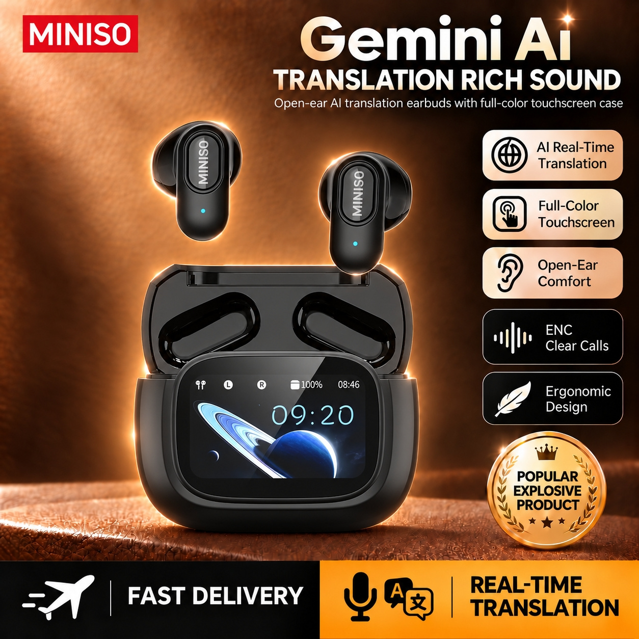 Image of 1pc Ms126 New Intelligent Touch Ai Bluetooth Earphones With Led High-definition Touch Screen, Switchable Dynamic Wallpaper