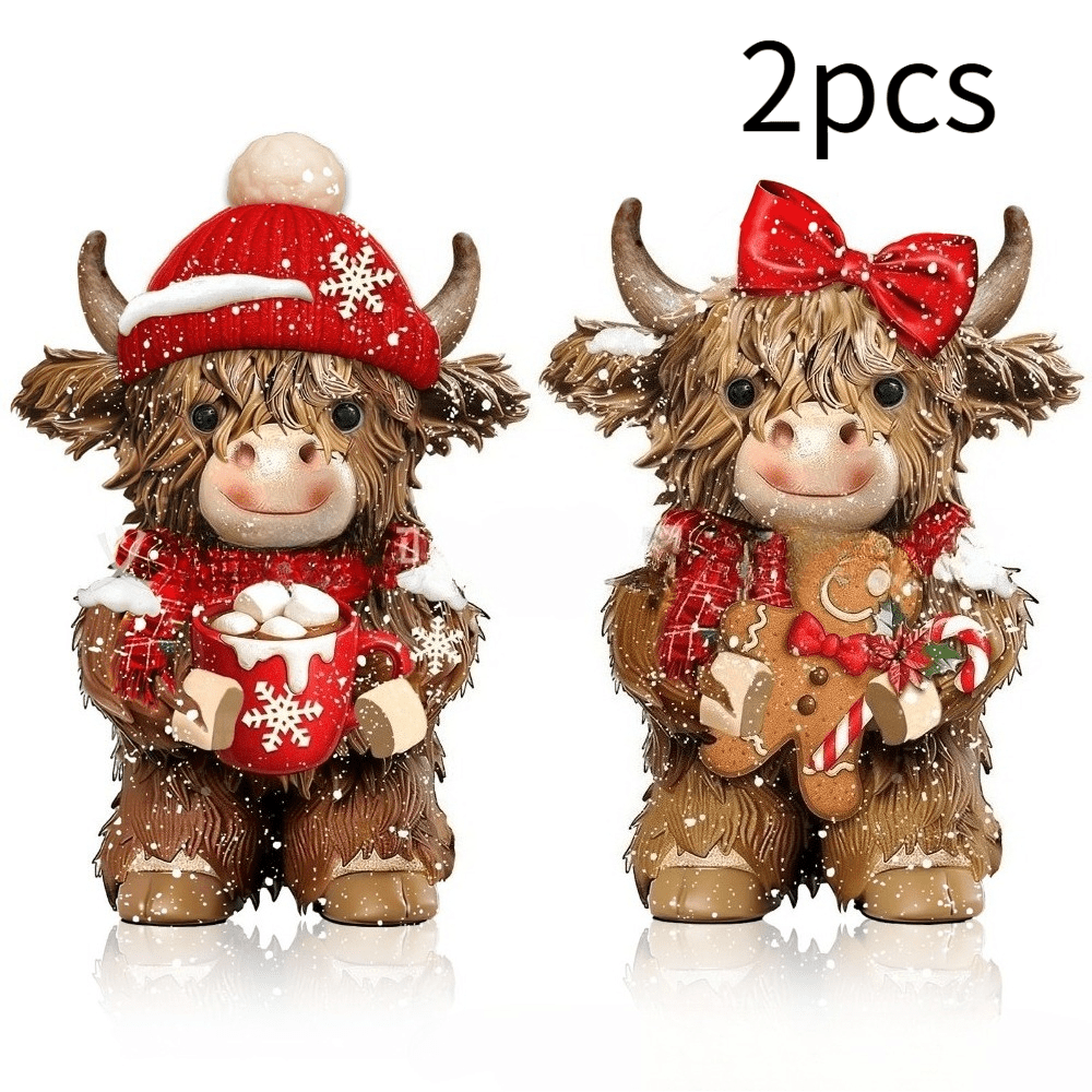 TEMU 2pcs 2d Flat Christmas Cow Ornaments, Dairy Elf With Christmas Hat, Christmas Highland Cow Statue, Desktop Home Decoration Ornaments, Holiday