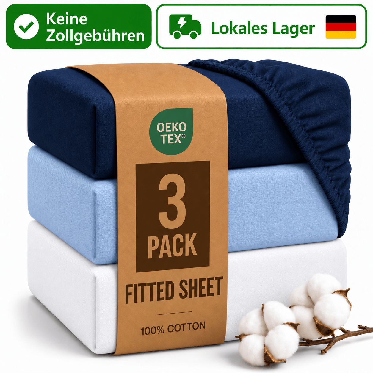 Image of 3rd Set Of Stretch Bed Sheets 100% With Rubber Band, Sheets For Mattresses, -tex Certified, 90x200, 140x200, 160x200, 180x200, 200x200 Cm, Navy Blue, Light Blue, White