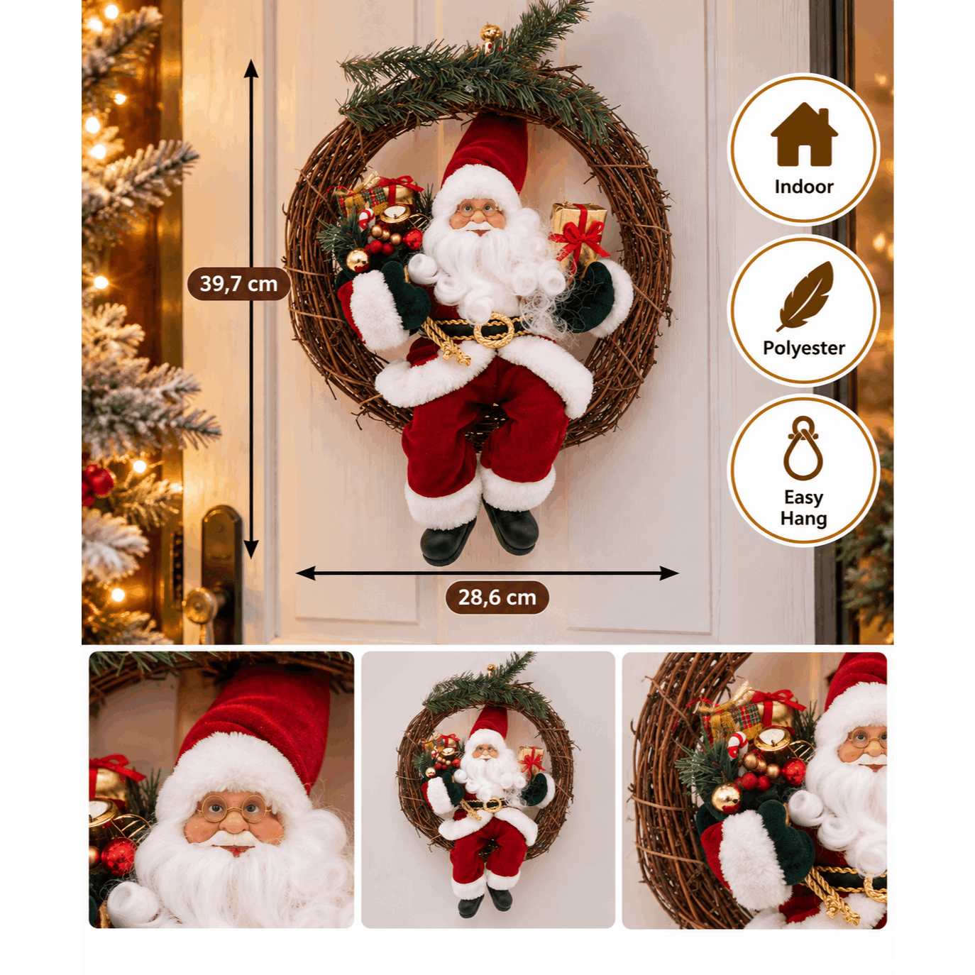 Image of Christmas Decorative Crown With Santa Claus - Red Polyester Wall Hanging - Festive Decoration 28.6 X 39.7 Cm