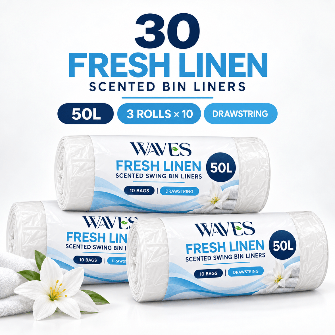 TEMU Waves 50l Scented Swing Bin Liners, 30 Pack, Drawstring Kitchen Bin Bags, 3 Rolls Of 10