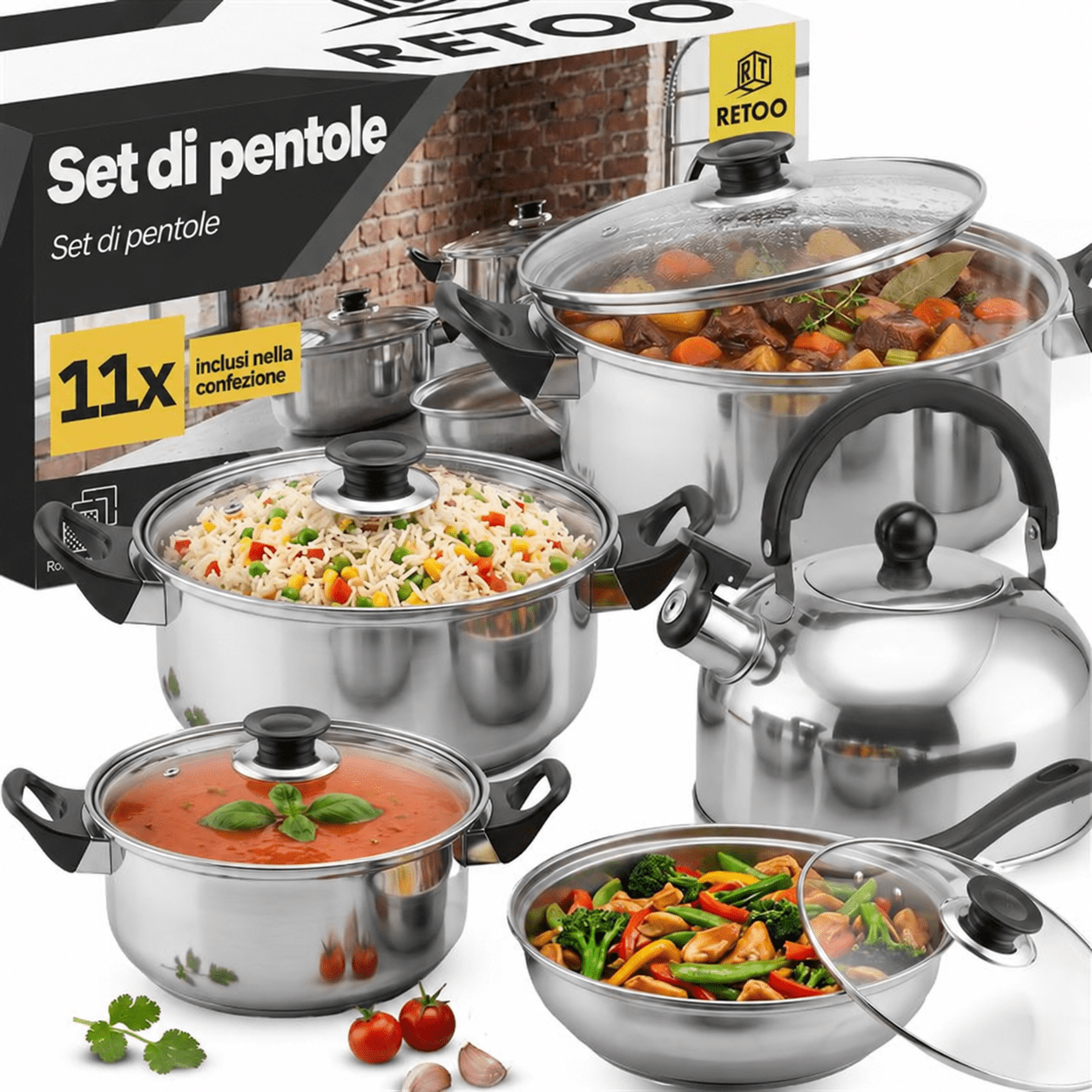 TEMU SET PENTOLE 11 PEZZI IN ACCIAIO PER GAS E INDUZIONE CON PENTOLINO BOLLITORE E COPERCHI IN VETRO TEMPERATO SET CUCINA COMPLETO PENTOLE DI DIVERSE