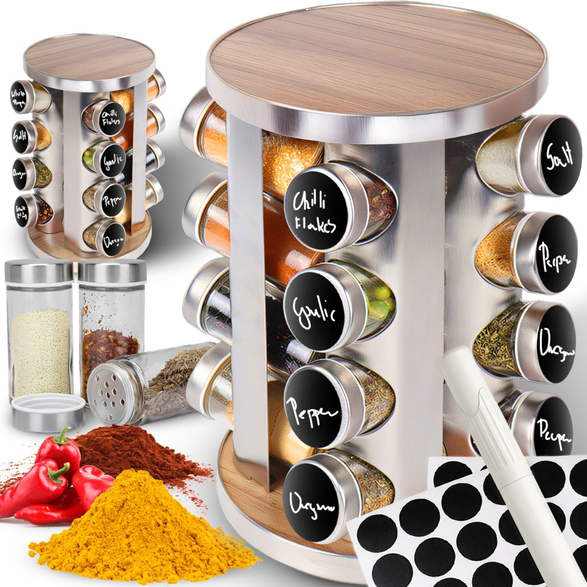 TEMU PORTASPEZIE GIREVOLE 360簞 CON 16 BARATTOLI IN VETRO SET PORTASPEZIE DA CUCINA CON SUPPORTO ROTANTE IN ACCIAIO 32 ETICHETTE ADESIVE E PENNARELLO