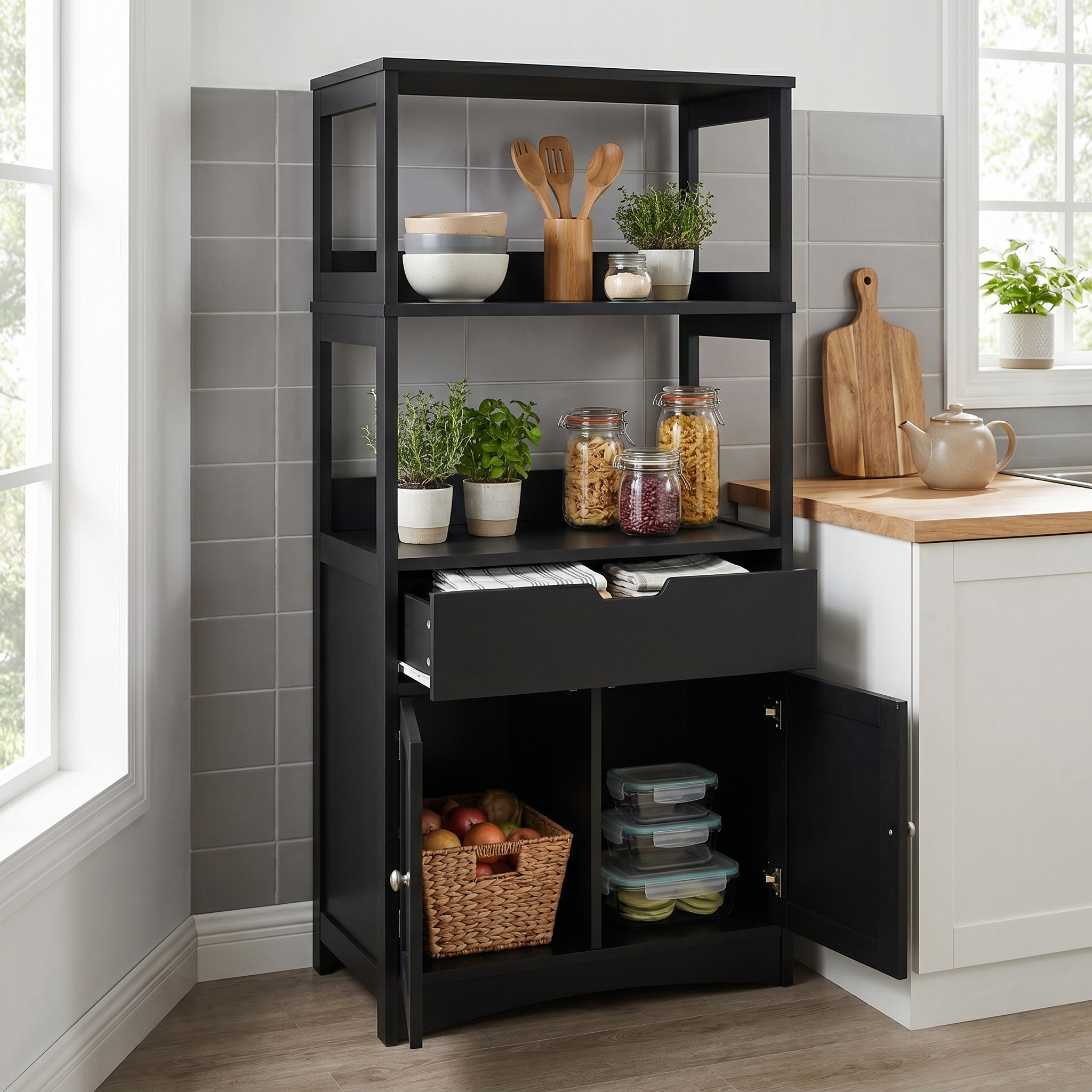 Image of Freestanding Storage Cabinet, Wooden Kitchen Sideboard With 3-tier Shelves, Drawer & Door, Anti-tip Safety Design, Bathroom Floor Organizer For Entryway, Bedroom & Living Area