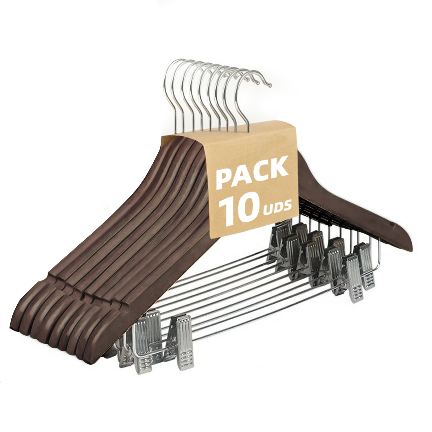 TEMU Pack de 10/20 Perchas de Madera con Pinzas Antideslizantes y Muescas, Pinzas con PVC Protector para Ropa, Gancho Giratorio 360°, Perchas de