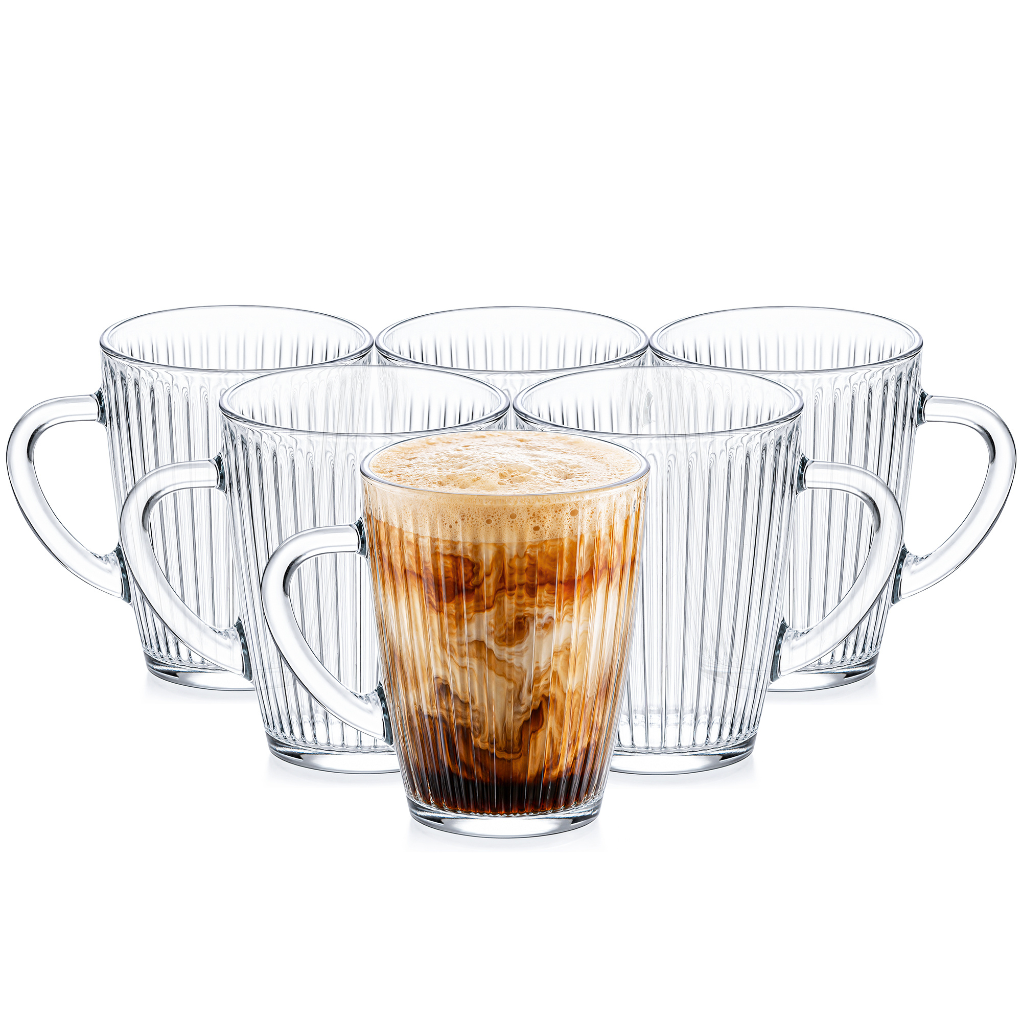 TEMU Glass Cups 6pcs Set 350 Ml, Made Of Glass, Ribbed Cups With Handle For Tea, Coffee And Other Beverages, Height 116 Mm, Transparent, Dishwasher