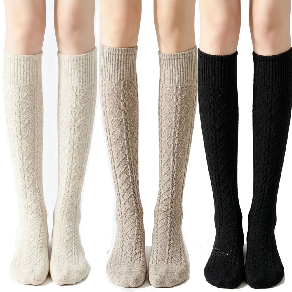 TEMU 3 Pairs Cable Knee High Socks For Women, Thick Warm Knee-high Socks, Casual Daily Wear Leg Warmers Socks