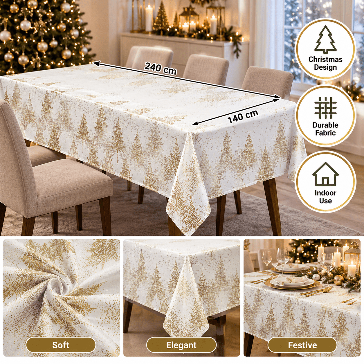 Image of White And Gold Rectangular Christmas Tablecloth 140 X 240 Cm – Pattern – Festive Polyester Table Decoration