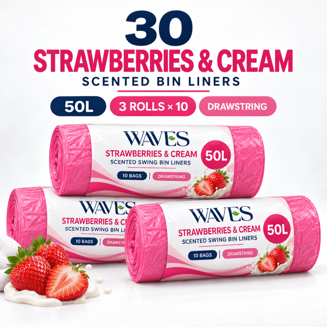 TEMU Strawberry & Cream Scented Swing Bin Liners 50l, 30 Pack – 3 Rolls Of 10 Pink Drawstring Rubbish Bags, Fragranced Kitchen Bin Bags For Home,